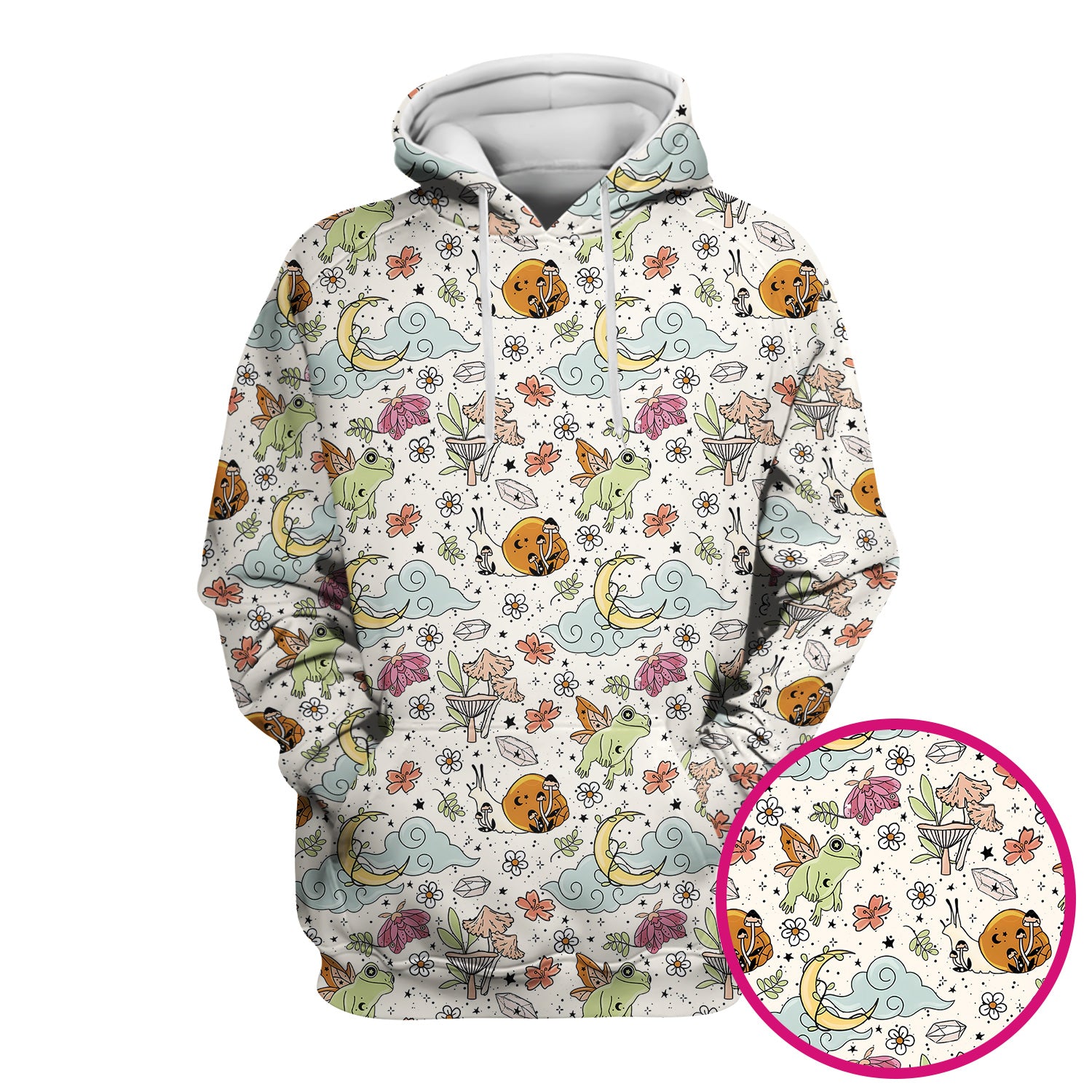 Whimsical Frog Moon Mushroom Pattern Scrub Top, Fantasy Nature Print, Breathable Fabrics Nursing Uniform