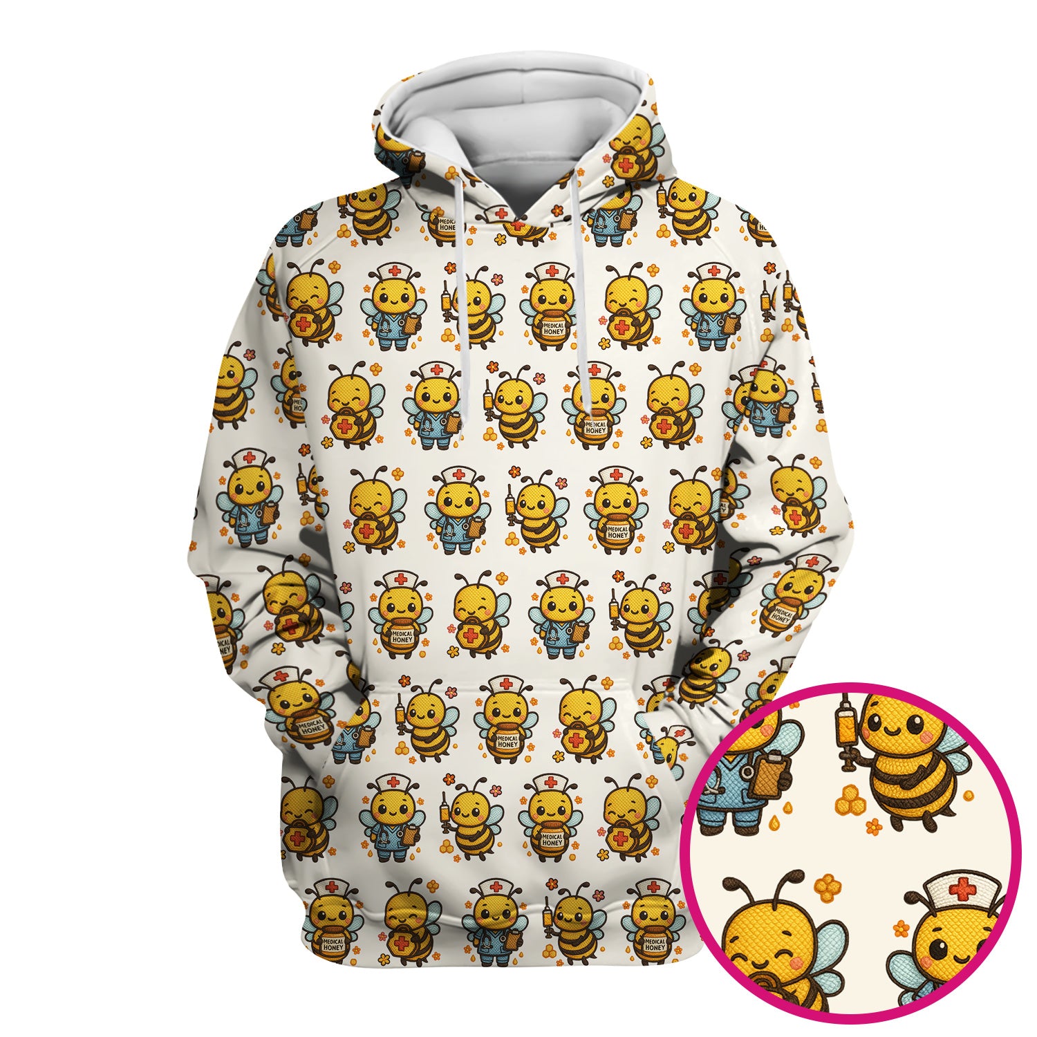 Cute Nurse Bee Scrub Top, Kawaii Medical Honey Bee Pattern Shirt for Nursing Professionals