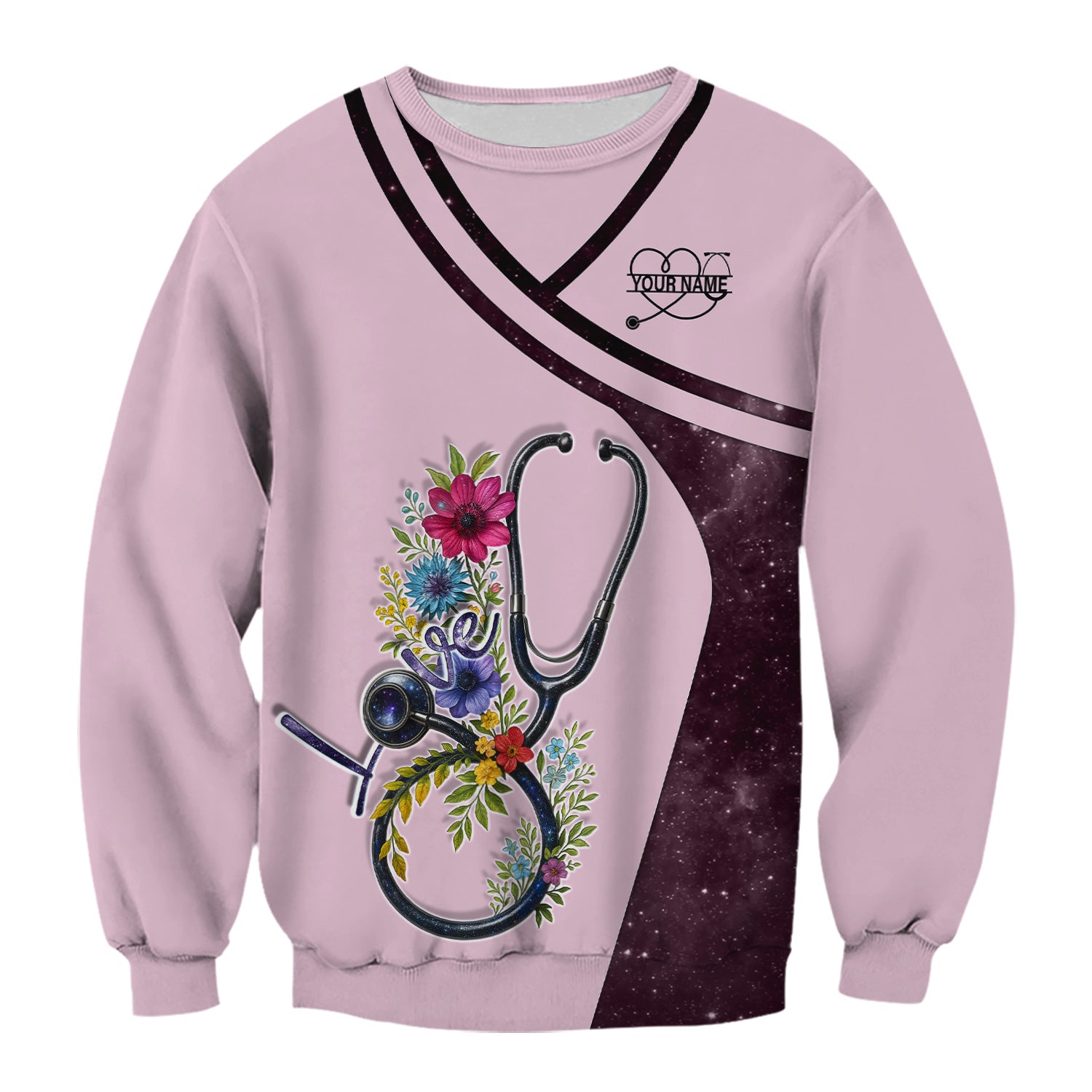 Custom Nurse Love T-Shirt - Floral Stethoscope & Galaxy Design - Personalized Gift for RN LPN CNA Healthcare Professionals