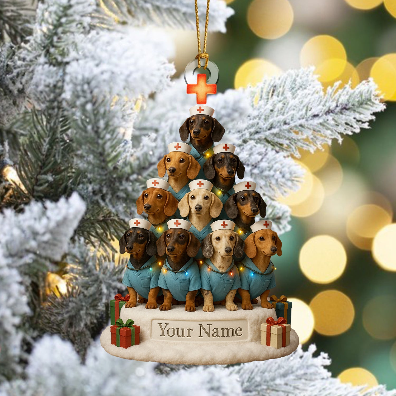 Personalized Dachshund Nurse Christmas Tree Ornament – Custom Name Dog Nurse Holiday Decor – Cute Wiener Dog Scrubs Ornament for Vet Techs & Healthcare Workers