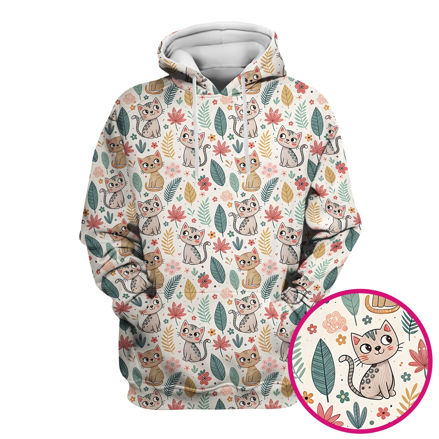 Cute Cartoon Cat Floral Leaf Pattern Scrub Top, Kawaii Kitty Nursing Uniform for Women