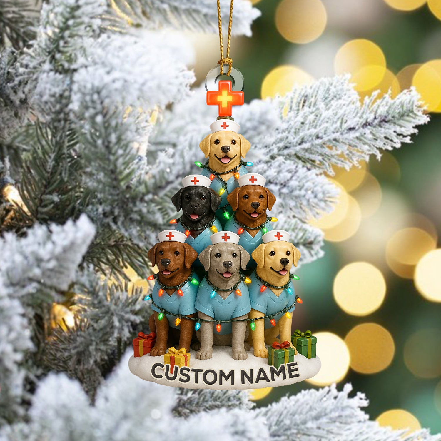 Personalized Nurse Dogs Christmas Tree Ornament – Custom Name Labrador Puppy Stack Holiday Decor – Cute Medical Dog Ornament for Nurses, Vets & Pet Lovers