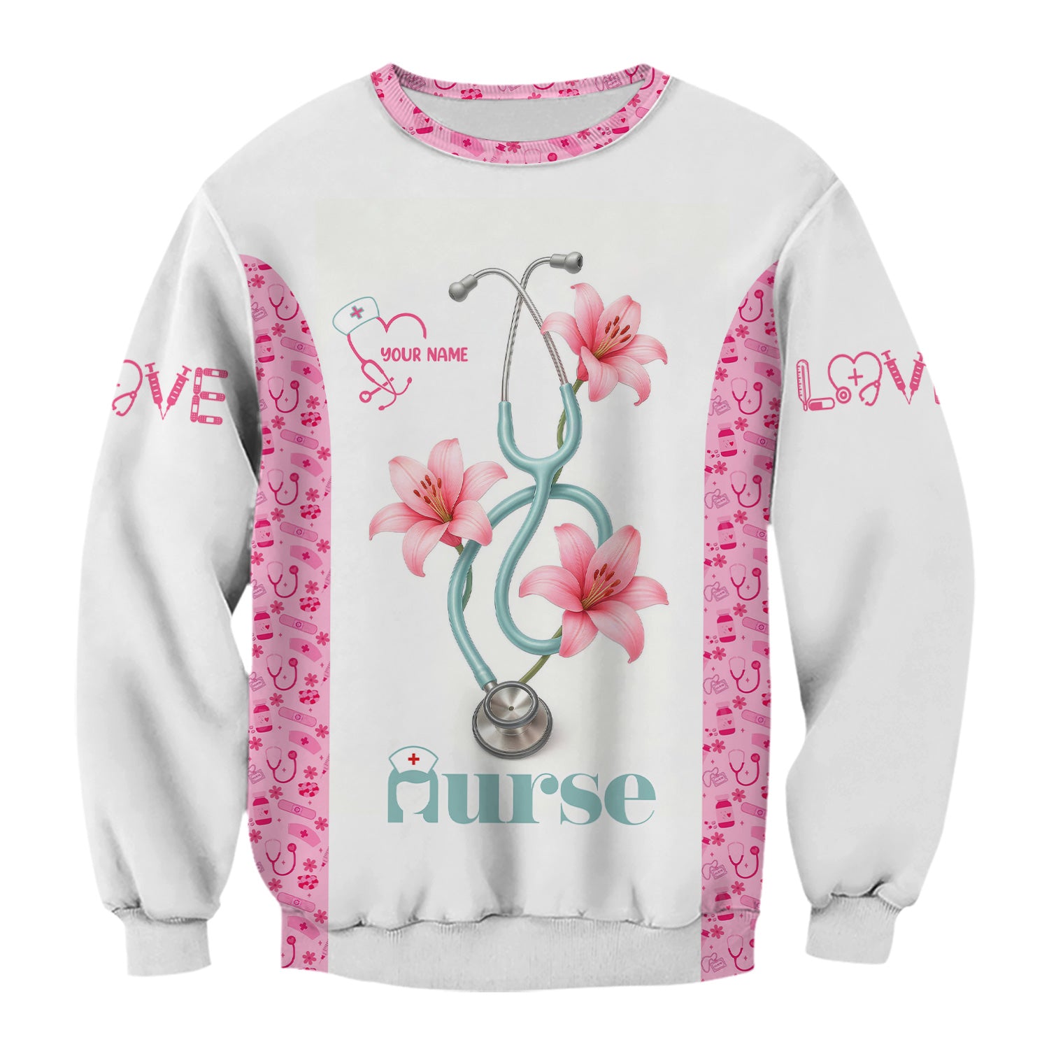 Personalized Nurse Scrubs - Pink Floral Stethoscope Design with Name Customization - Gift for RN, CNA, LPN