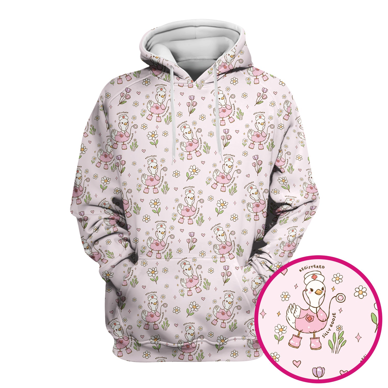 Funny Nurse Goose Daisy Print Scrub Top, Breathable Fabrics Nursing Uniform
