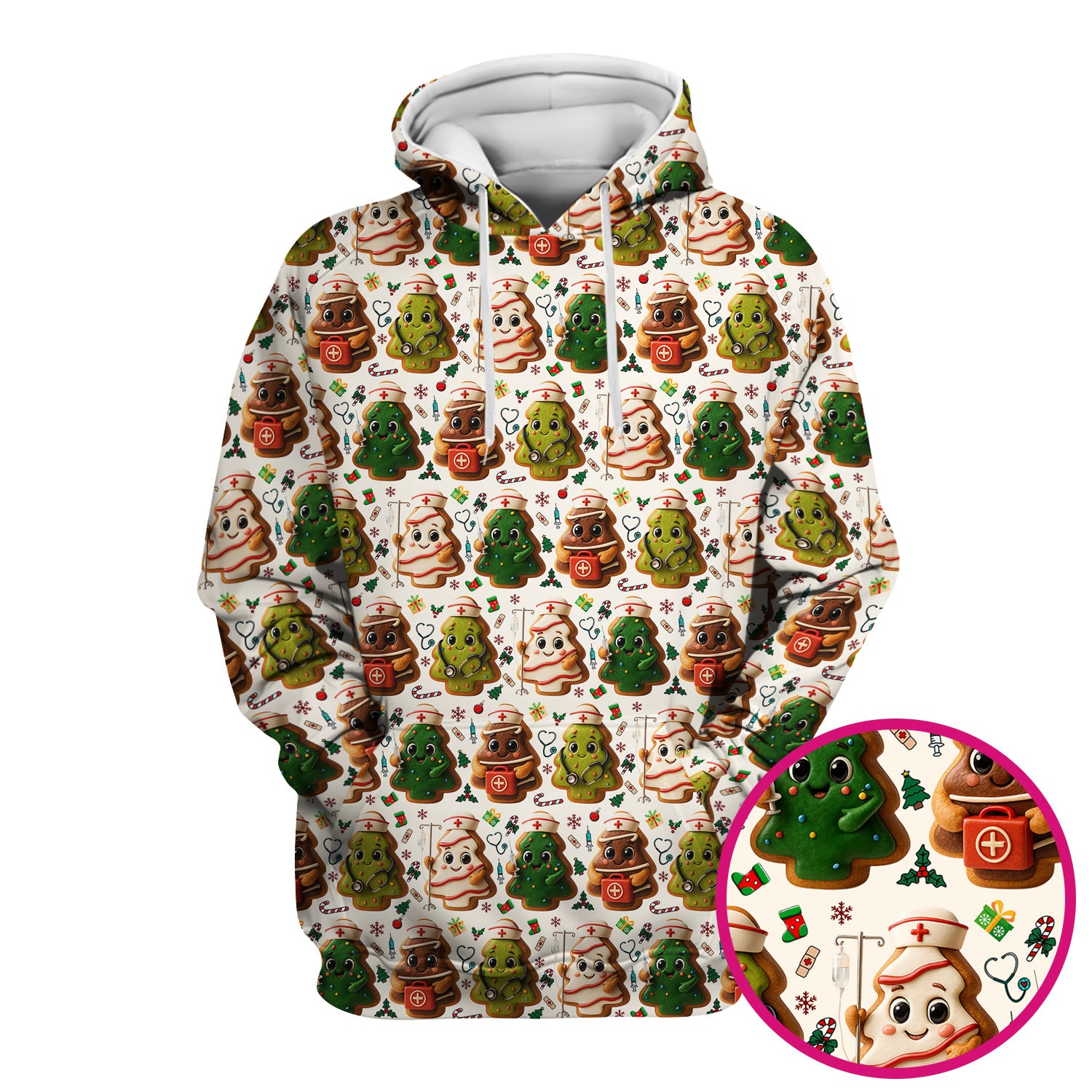 Christmas Cookie Scrub Top – Festive Nurse & Holiday Tree Pattern – Cute Medical Uniform for Nurses, Vets and Healthcare Workers