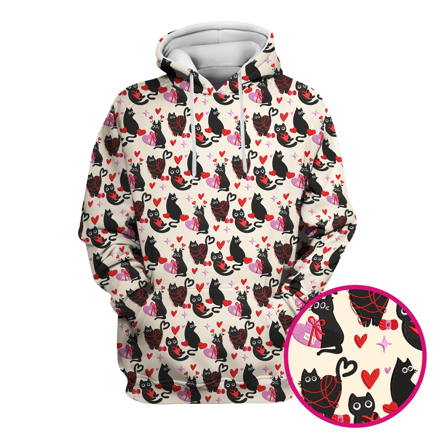 Valentine’s Day Scrub Top, Cute Black Cat With Heart Pattern Nurse Shirt, Breathable Fabrics Nursing Uniform