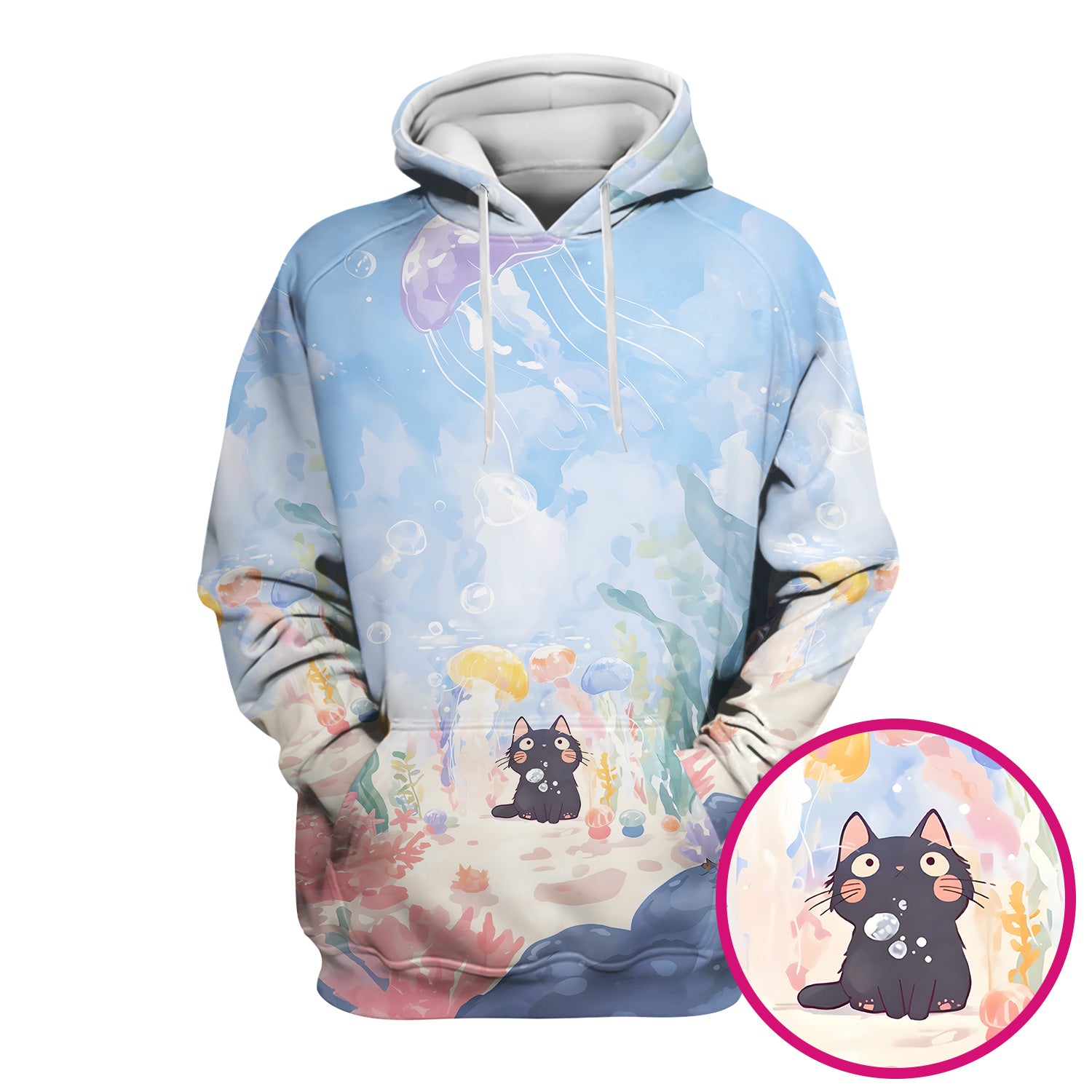 Cute Underwater Black Cat Jellyfish Pattern Scrub Top, Comfortable Scrubs for Nurses