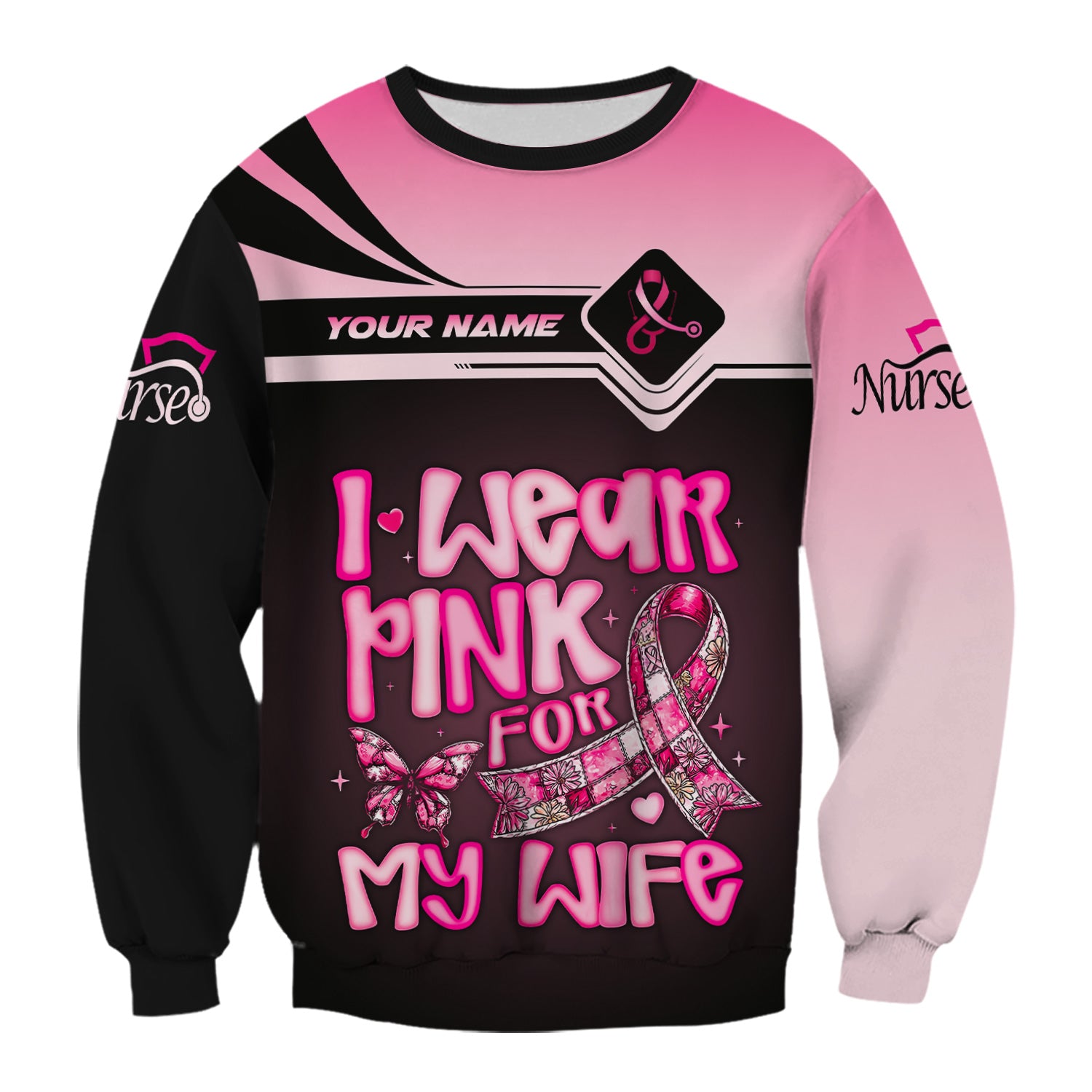 Personalized Breast Cancer Awareness Scrub Top - I Wear Pink For My Wife - RN LPN CNA Healthcare Workers Gift