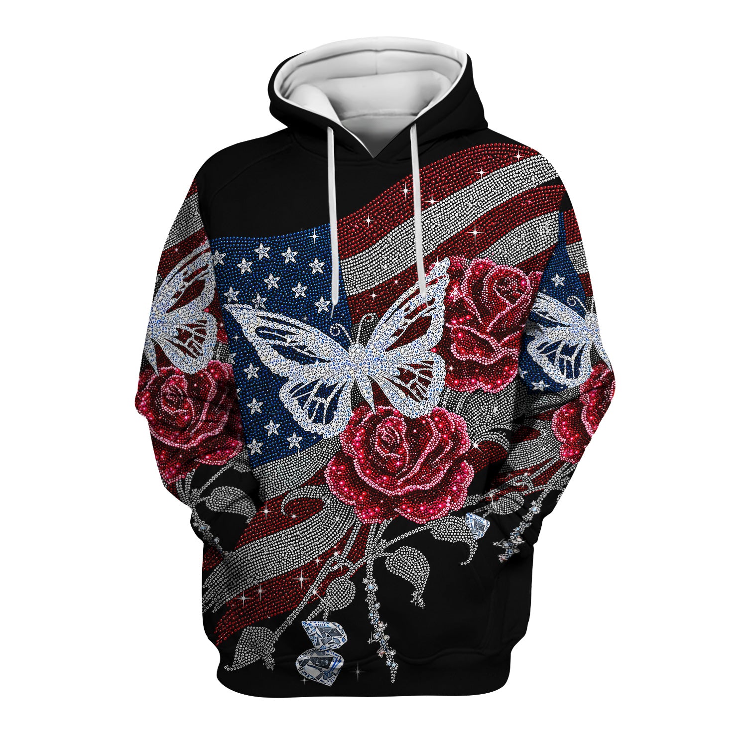 Patriotic Butterfly Rose Flag Print Scrub Top, Comfortable Scrubs for Nurses