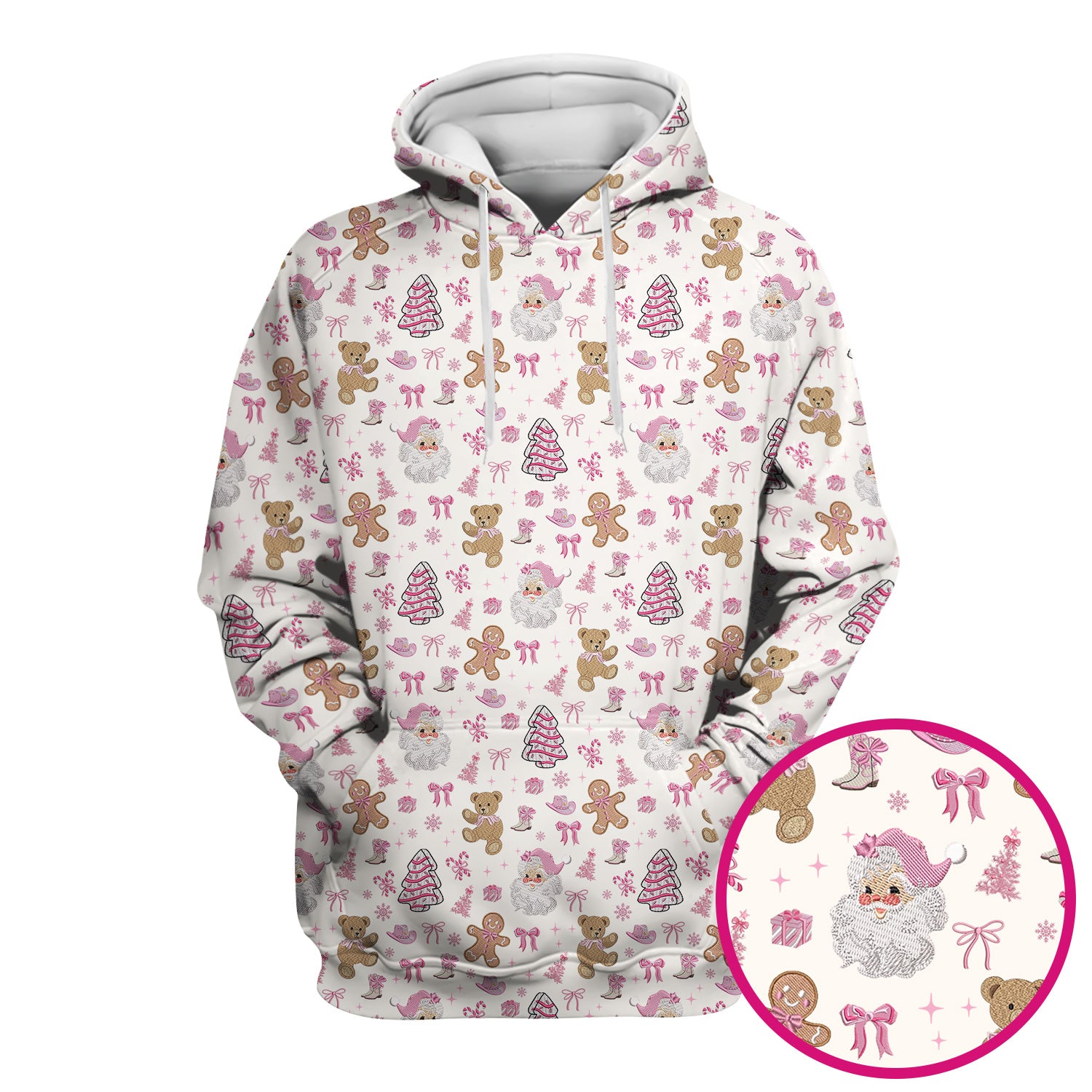 Pink Christmas Santa Gingerbread Scrub Top, Cute Holiday Medical Pattern Shirt, Breathable Fabrics Nursing Uniform