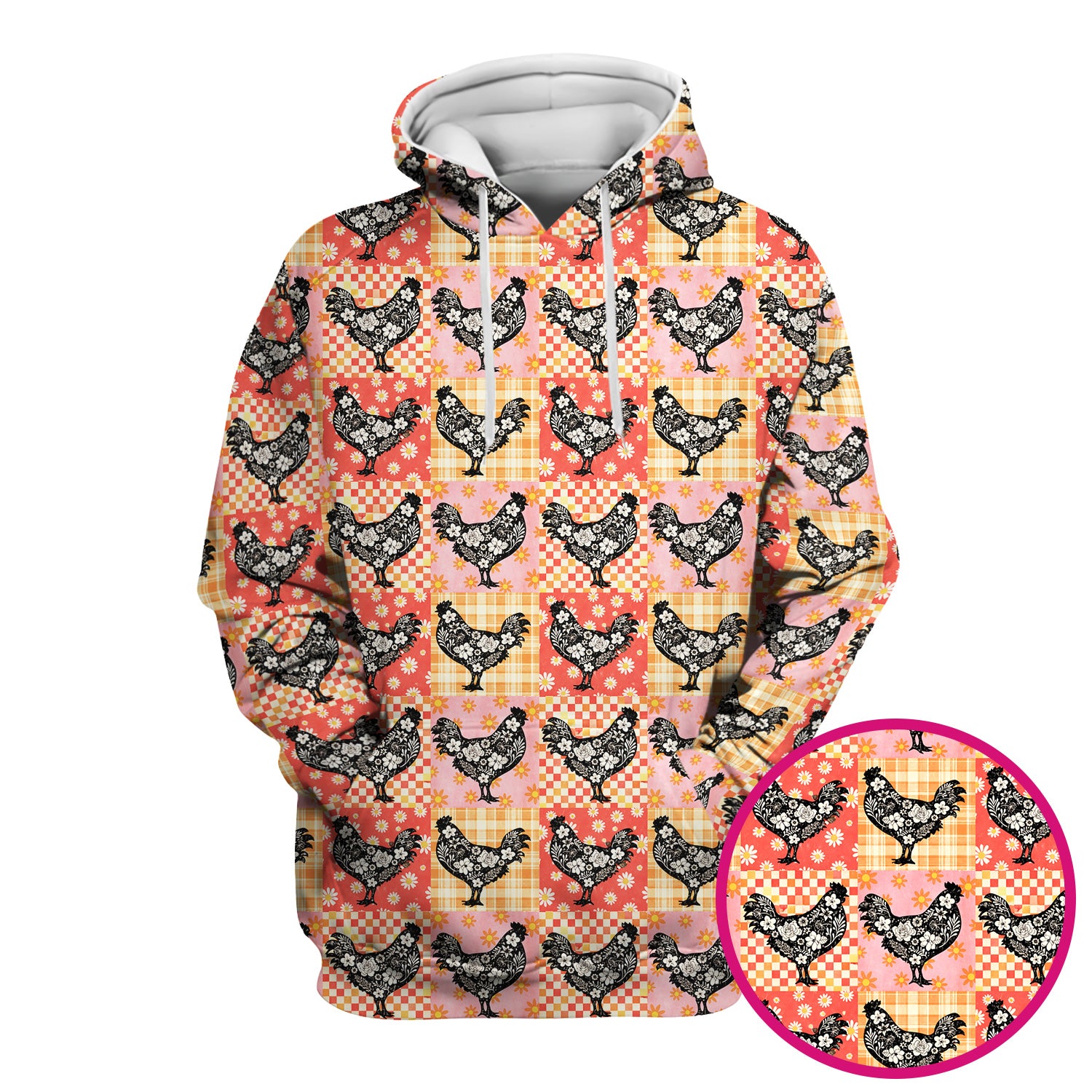 Cute Floral Chicken Patchwork Print Scrub Top, Comfortable Scrubs For Nurses