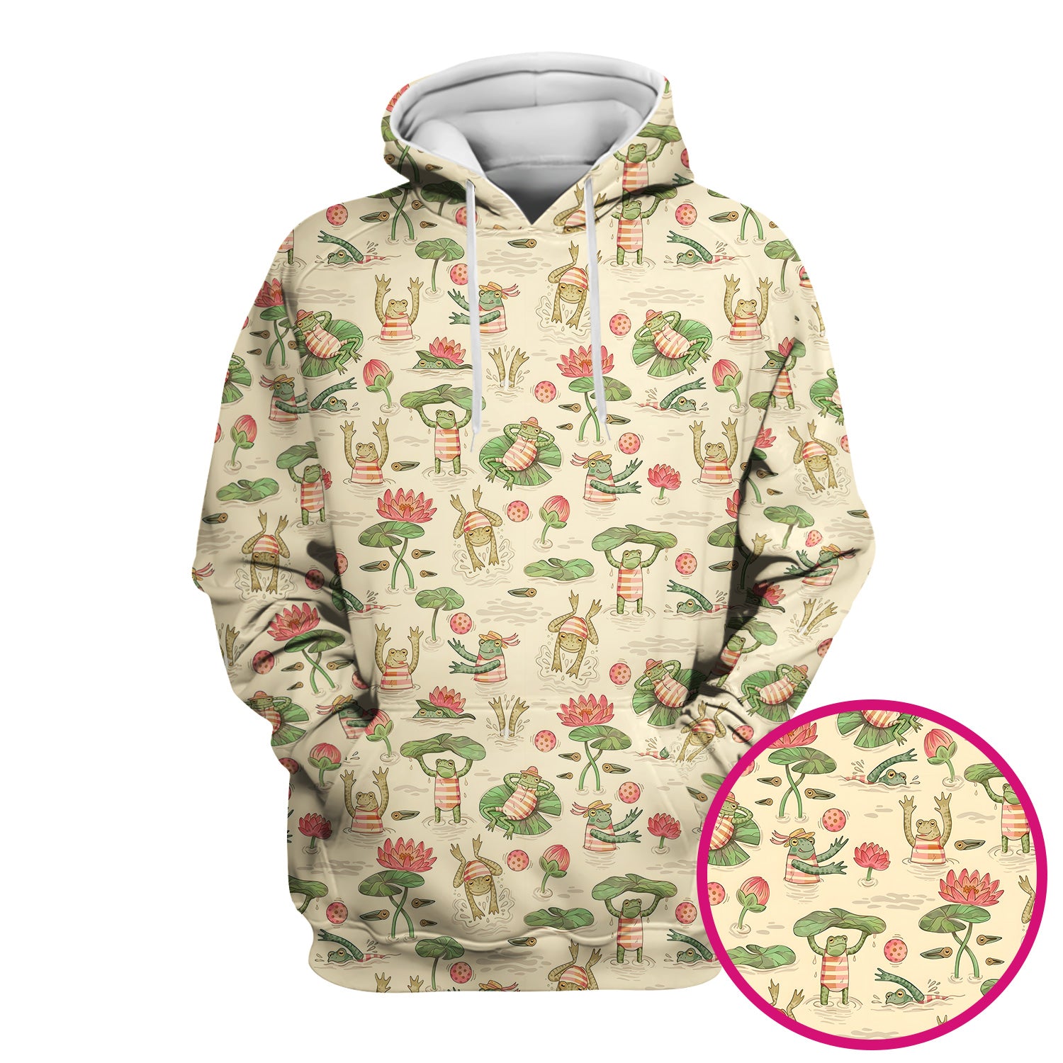 Cute Frogs Swimming Lily Pond Pattern Scrub Top, Comfortable Scrubs for Nurses