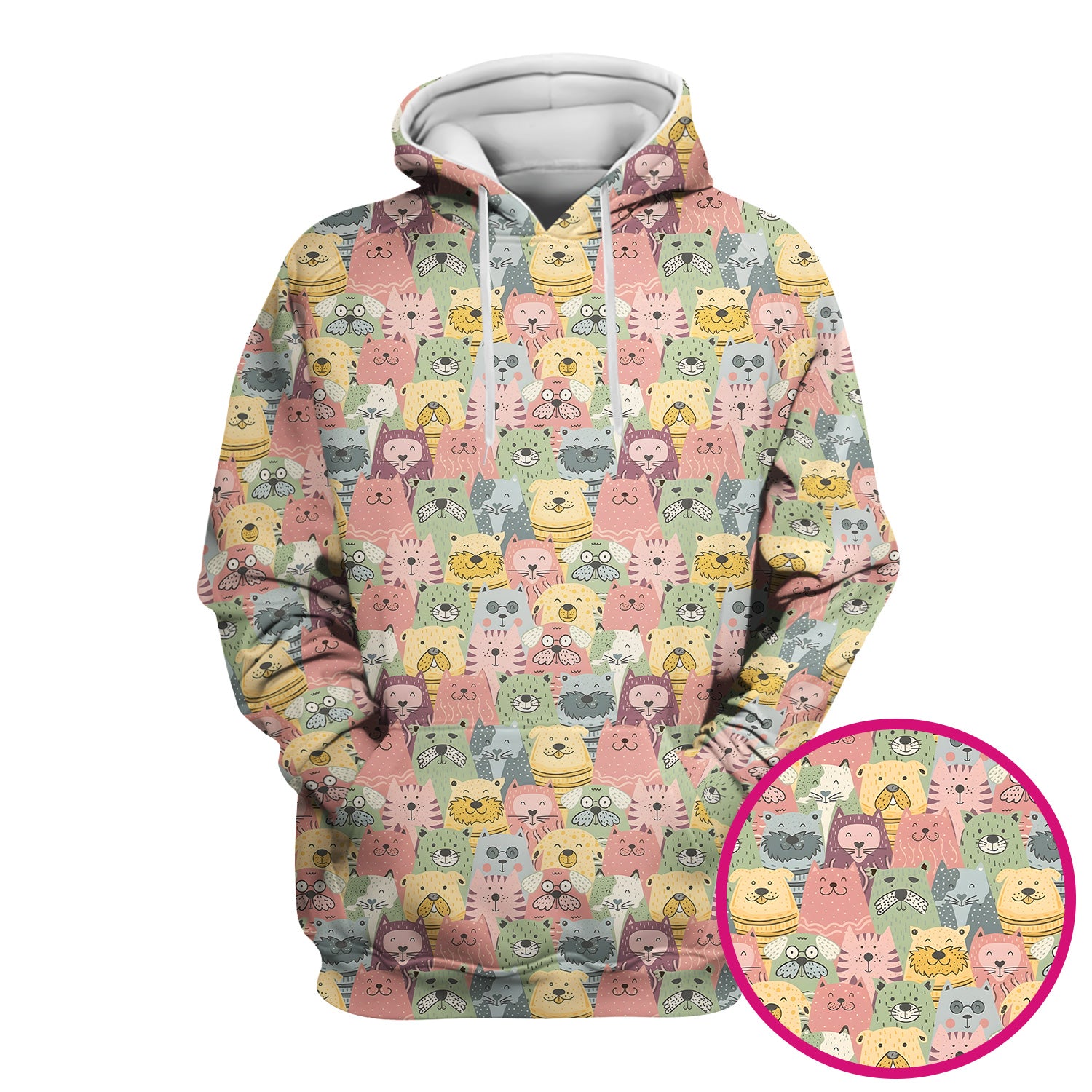 Cartoon Cat & Dog Faces Pattern Scrub Top, Comfortable Scrubs for Nurses