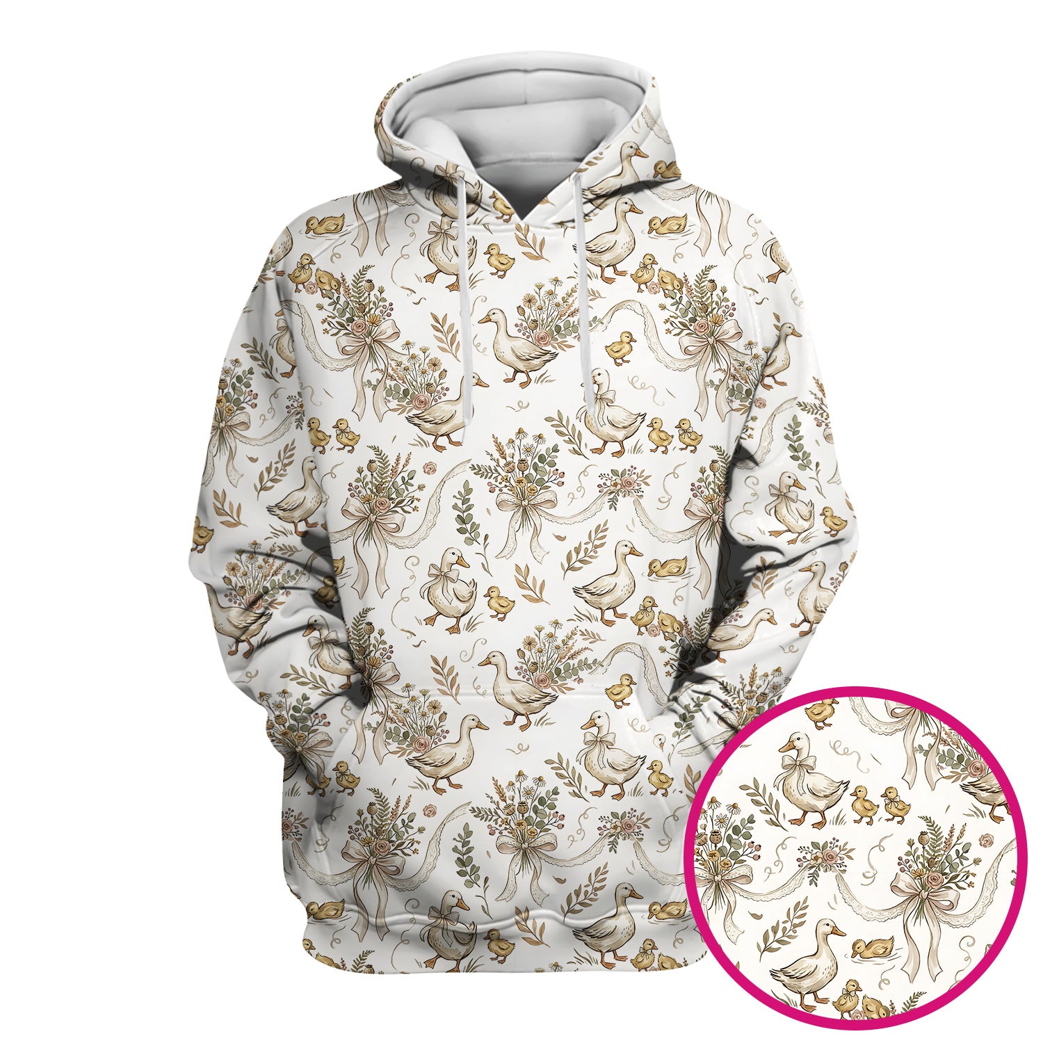 Vintage Duck Family Ribbon Floral Pattern Nurse Scrub Top, Breathable Fabrics Nursing Uniform