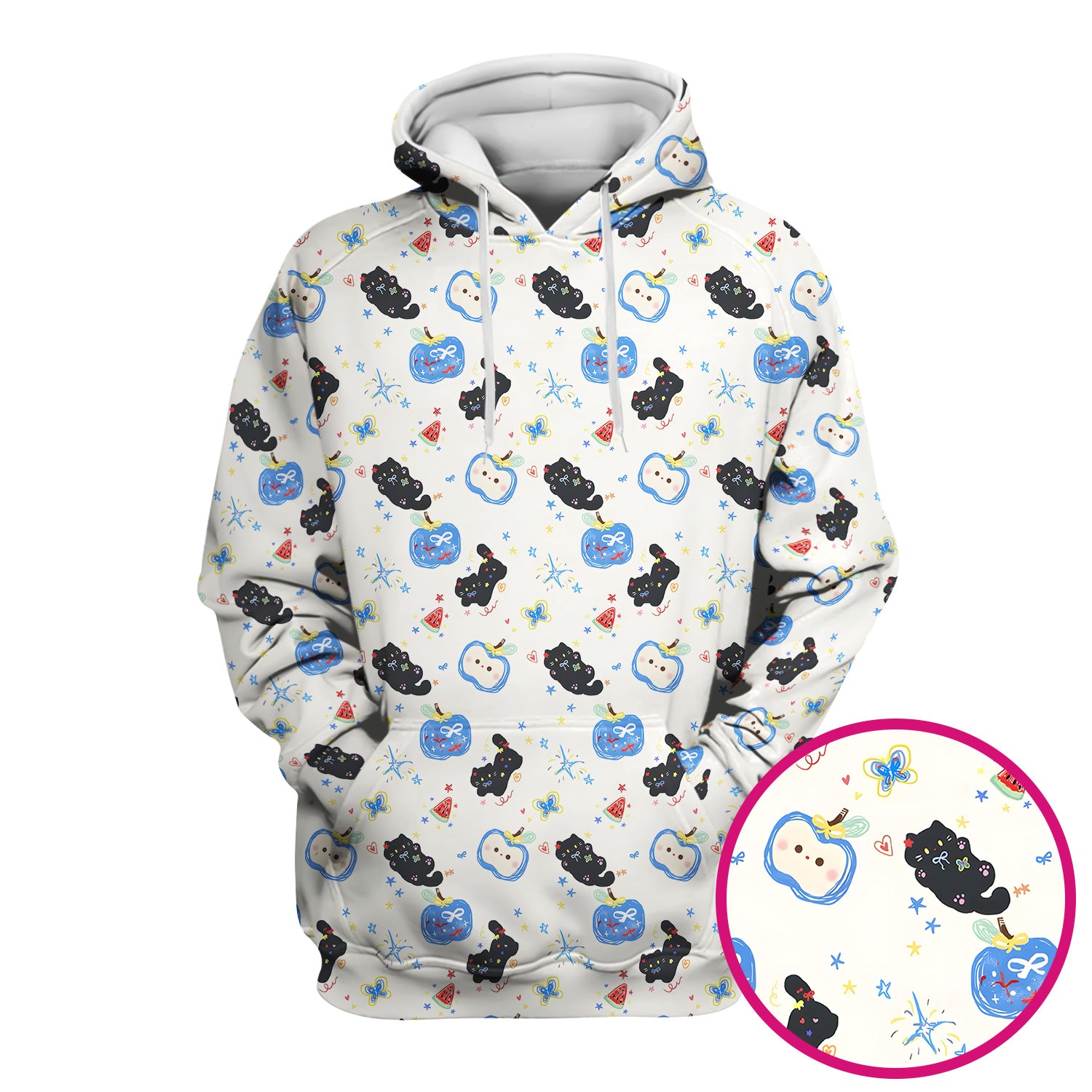 Cute Black Cat and Apple Print V Neck Scrub Top for Nurses