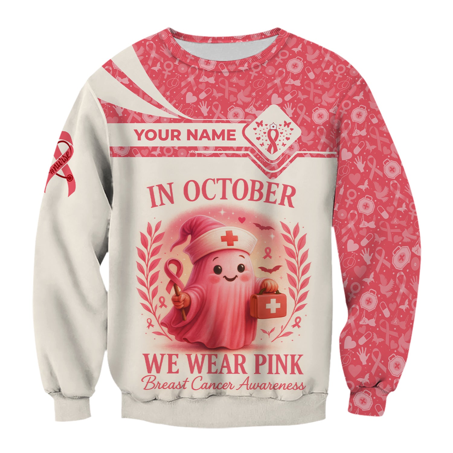 Personalized In October We Wear Pink Shirt - Breast Cancer Awareness Scrub Top - Cute Nurse Uniform Tee with Custom Name