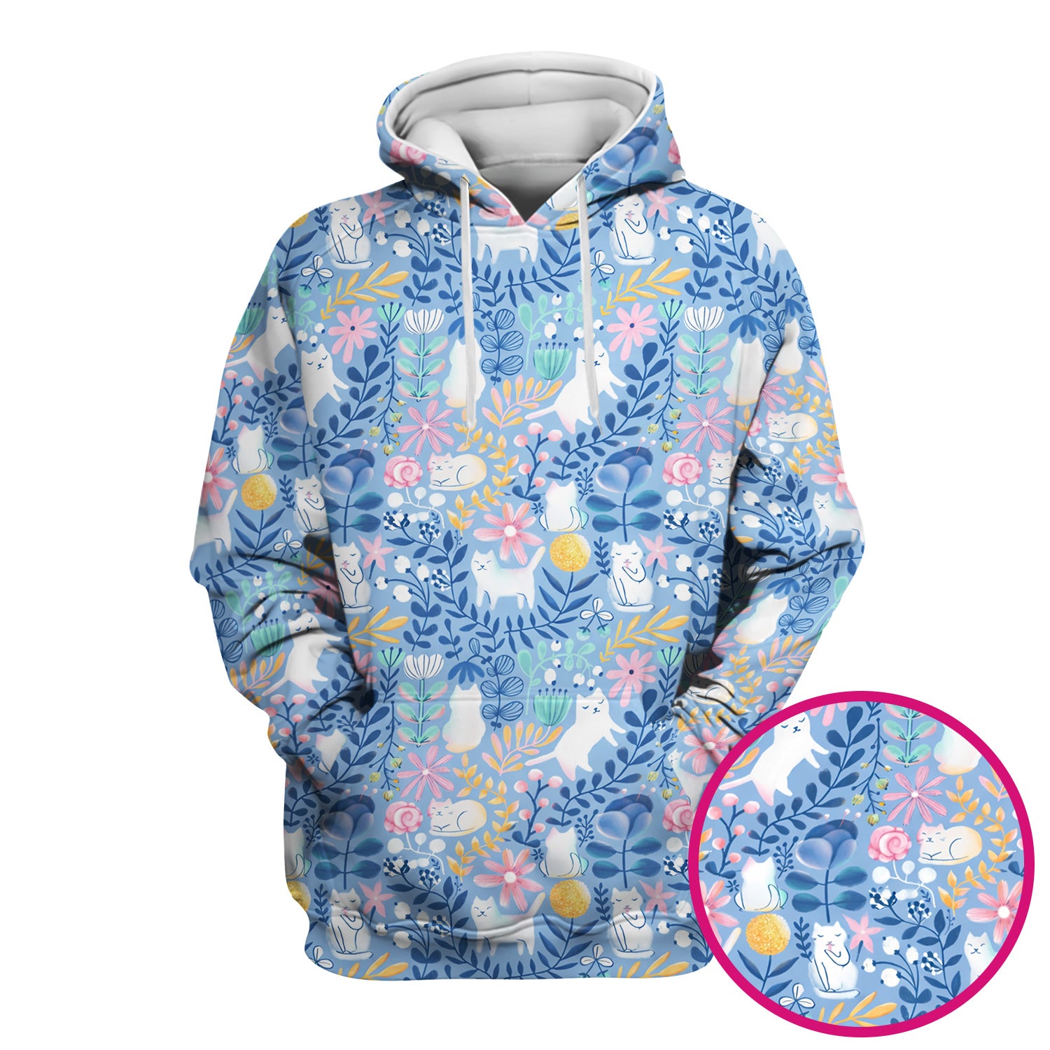 Whimsical Cat Floral Pattern Scrub Top, Breathable Fabrics Nursing Uniform