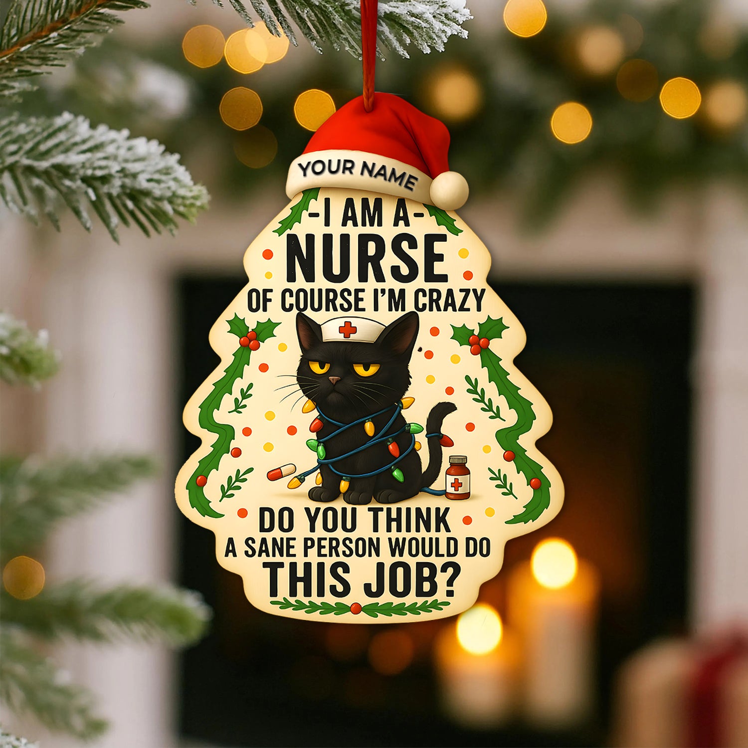 Personalized Nurse Black Cat Christmas Ornament, Holiday Decoration, Custom Name Nurse Gift for CNA RN LPN