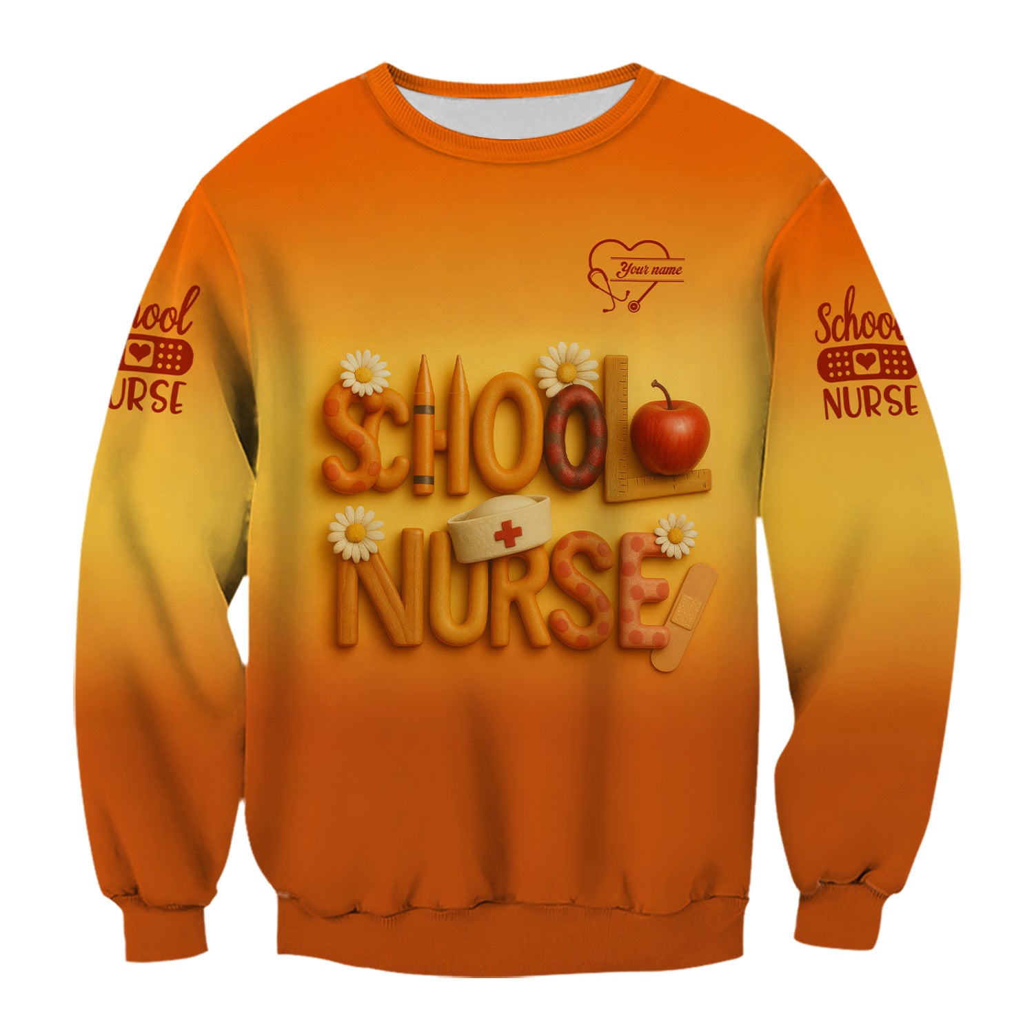 Custom School Nurse Scrub Top - Cute Apple Pencil Design with Bandages and Daisies - Back to School Gift for RN LPN Healthcare Workers