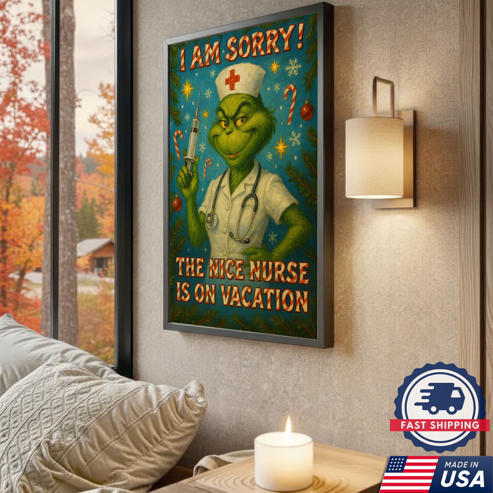 Funny Nurse Wall Art Canvas - Grinch Christmas Quote The Nice Nurse Is On Vacation - Humorous Gift for Nurses Made in USA