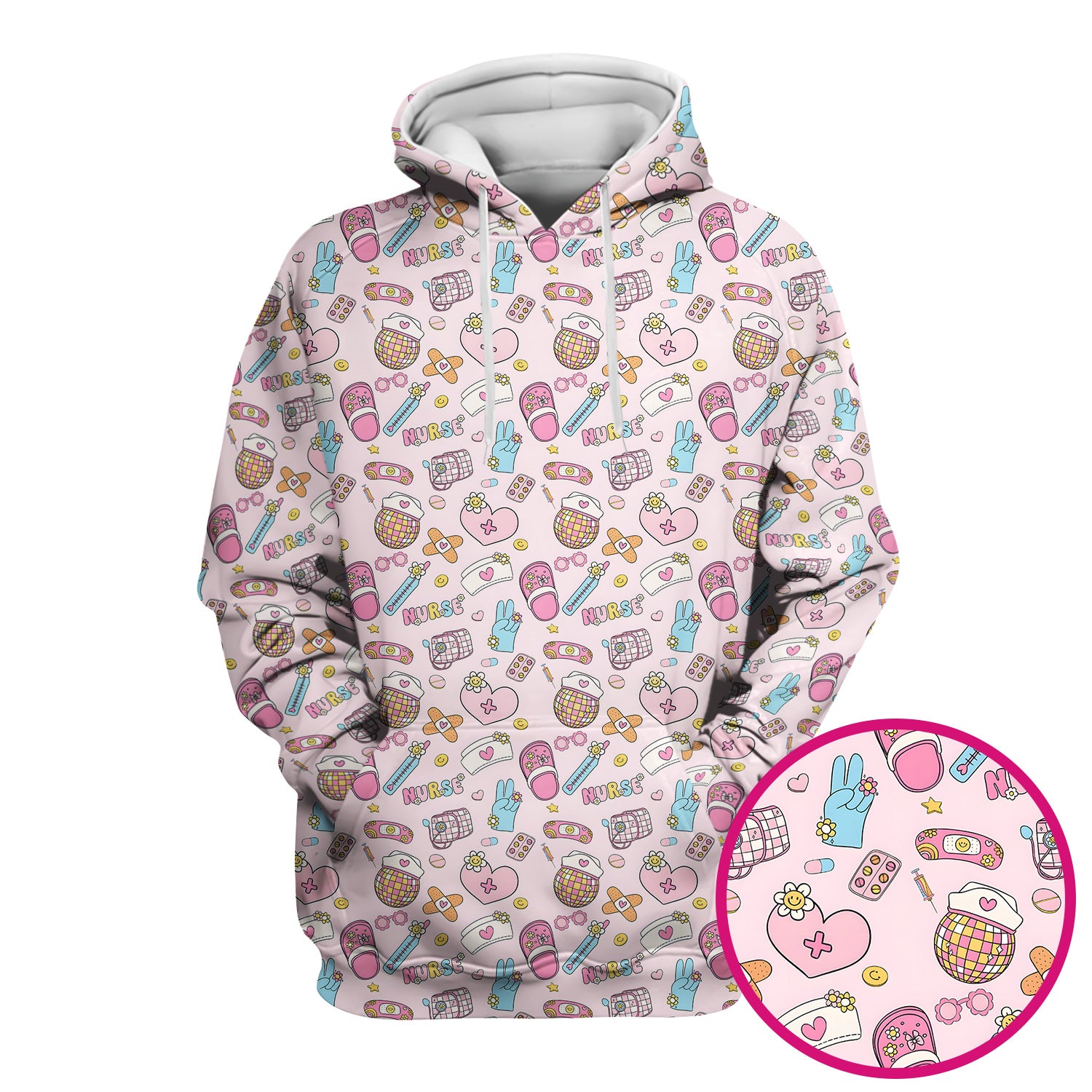 Cute Nurse Pink Medical Tools Pattern Scrub Top, Breathable Healthcare Uniform Top