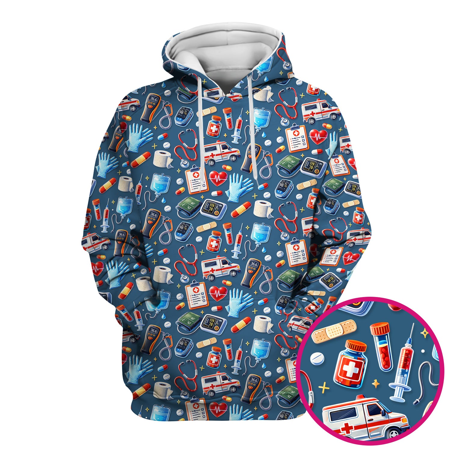 Medical Tools Pattern Ambulance Stethoscope Scrub Top, Comfortable Scrubs for Nurses