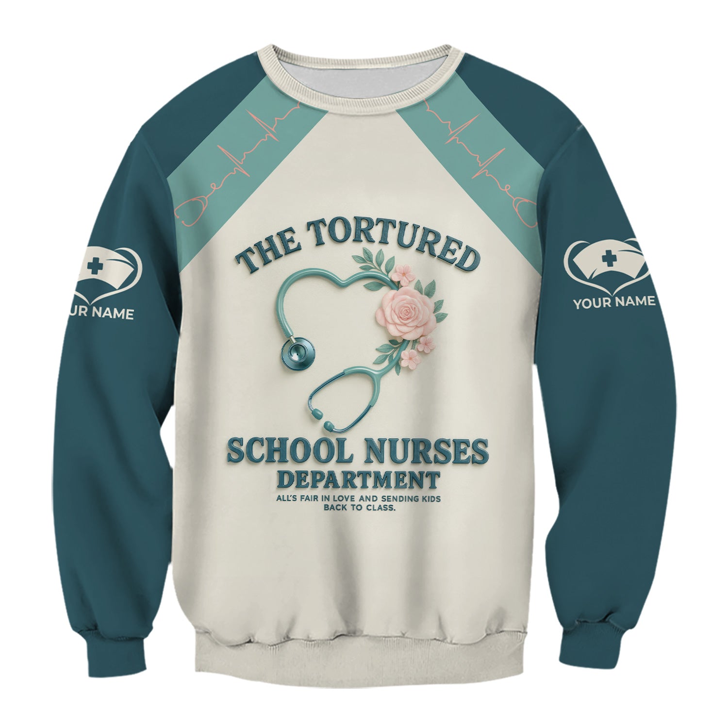 Personalized Funny School Nurse Scrub Top for Women - Heart Stethoscope Floral Design - Custom Name Gift for Teachers, Medical Staff