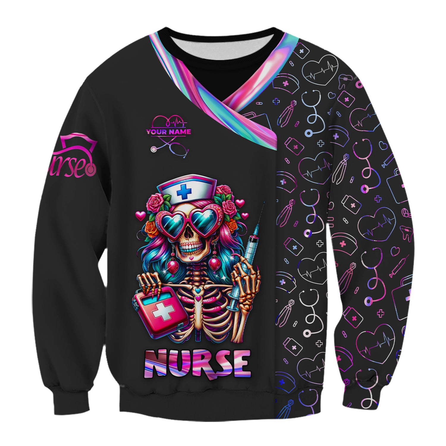 Personalized Funny Skeleton Nurse Scrub Top - Heart Sunglasses & Syringe Design - Custom Name Medical Gift for RN LPN CNA