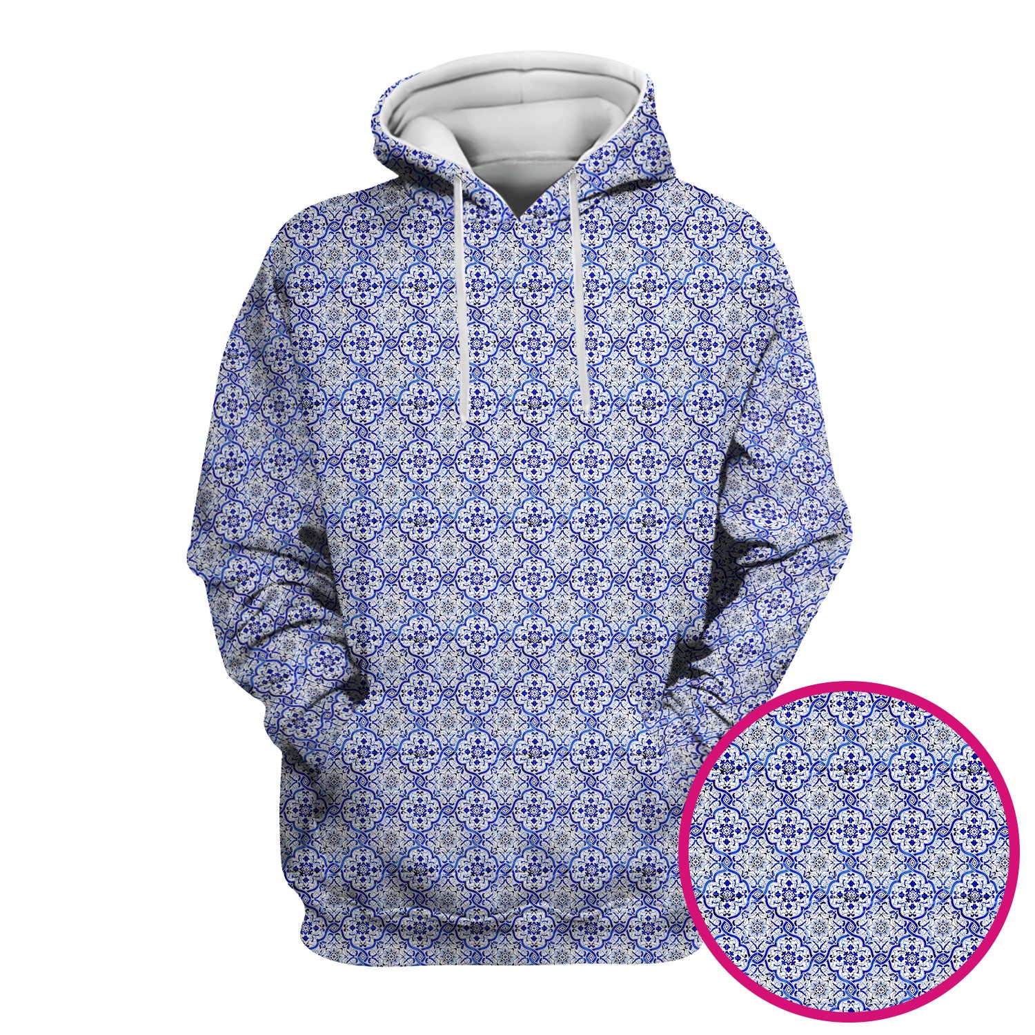 Blue Vintage Tile Floral Pattern Scrub Top, Breathable Fabrics Nursing Uniform