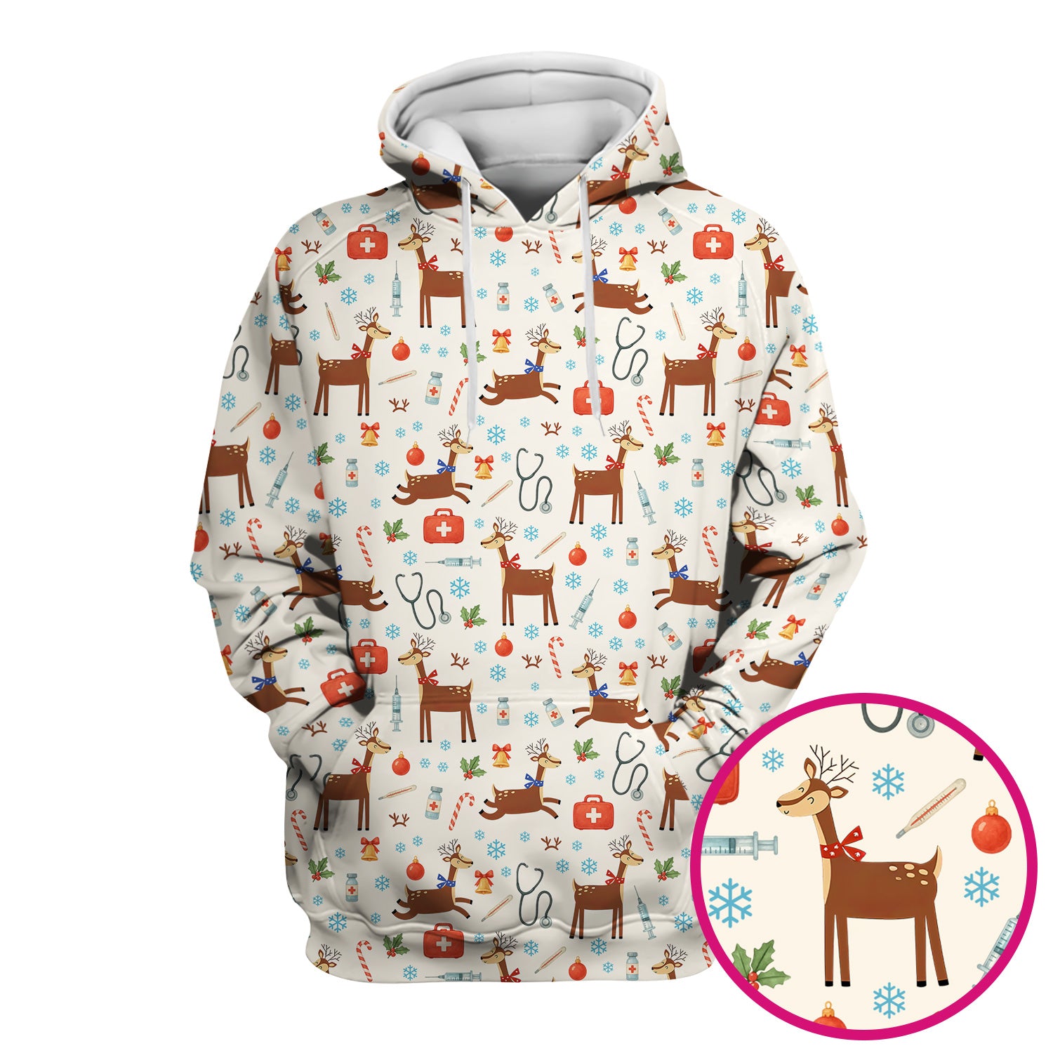 Reindeer Christmas Scrub Top - Snowflakes Candy Canes Holiday Medical Shirt - Xmas Scrubs for Women RN CNA LPN