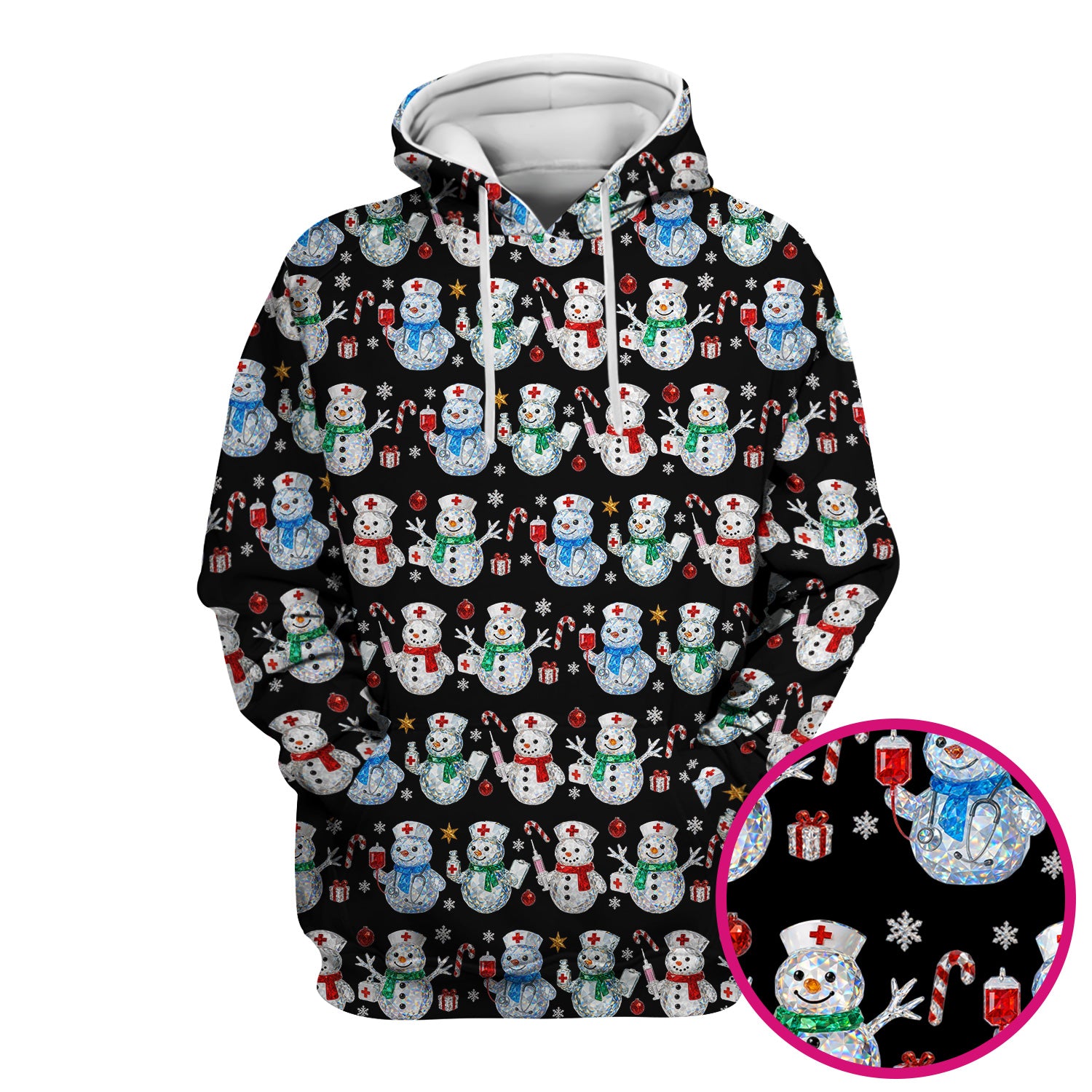 Nurse Snowman Christmas Scrub Top, Cute Holiday Medical Pattern Shirt For Women, Winter Snowflake Nursing Uniform
