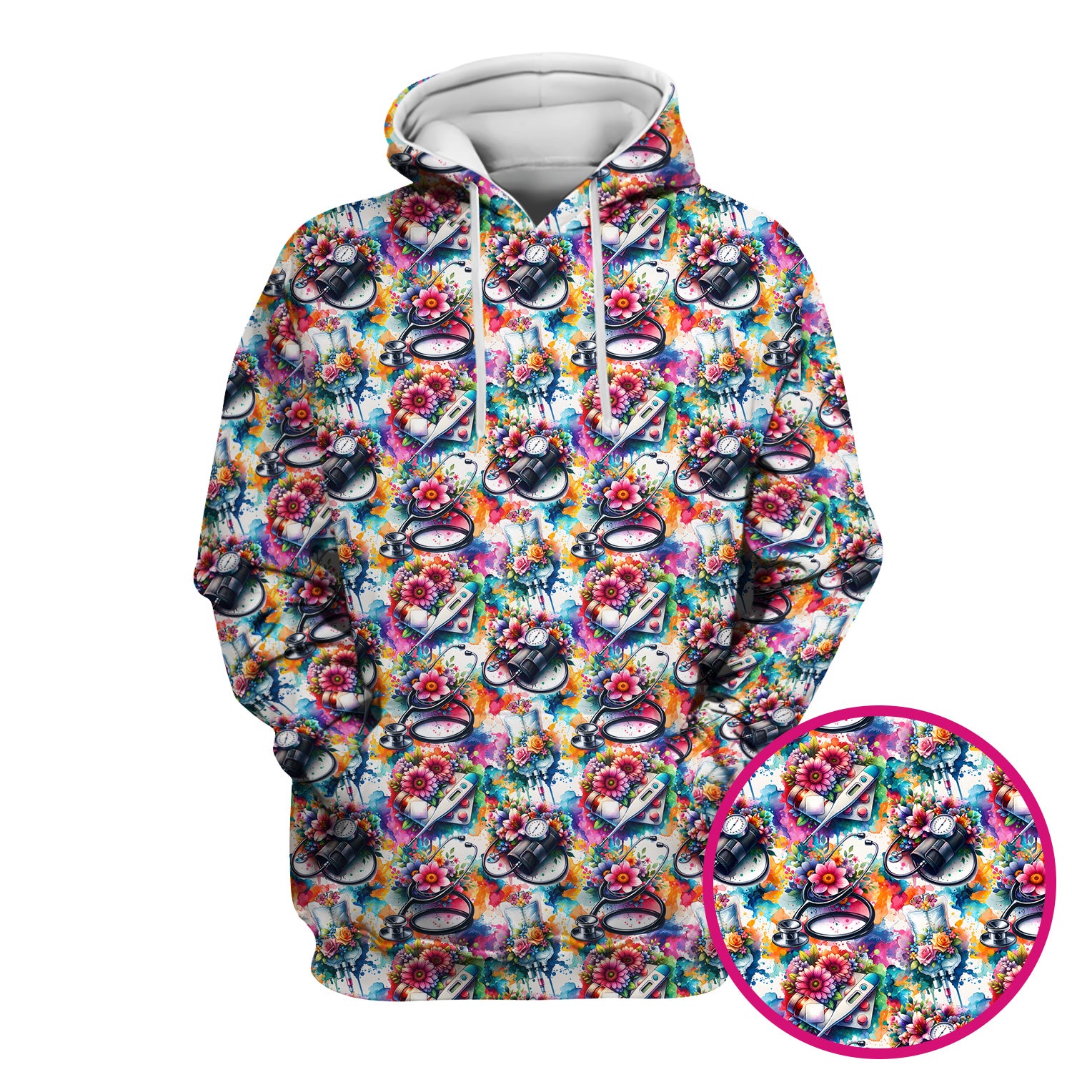Colorful Medical Tools Floral Pattern Scrub Top, Comfortable Scrubs for Nurses