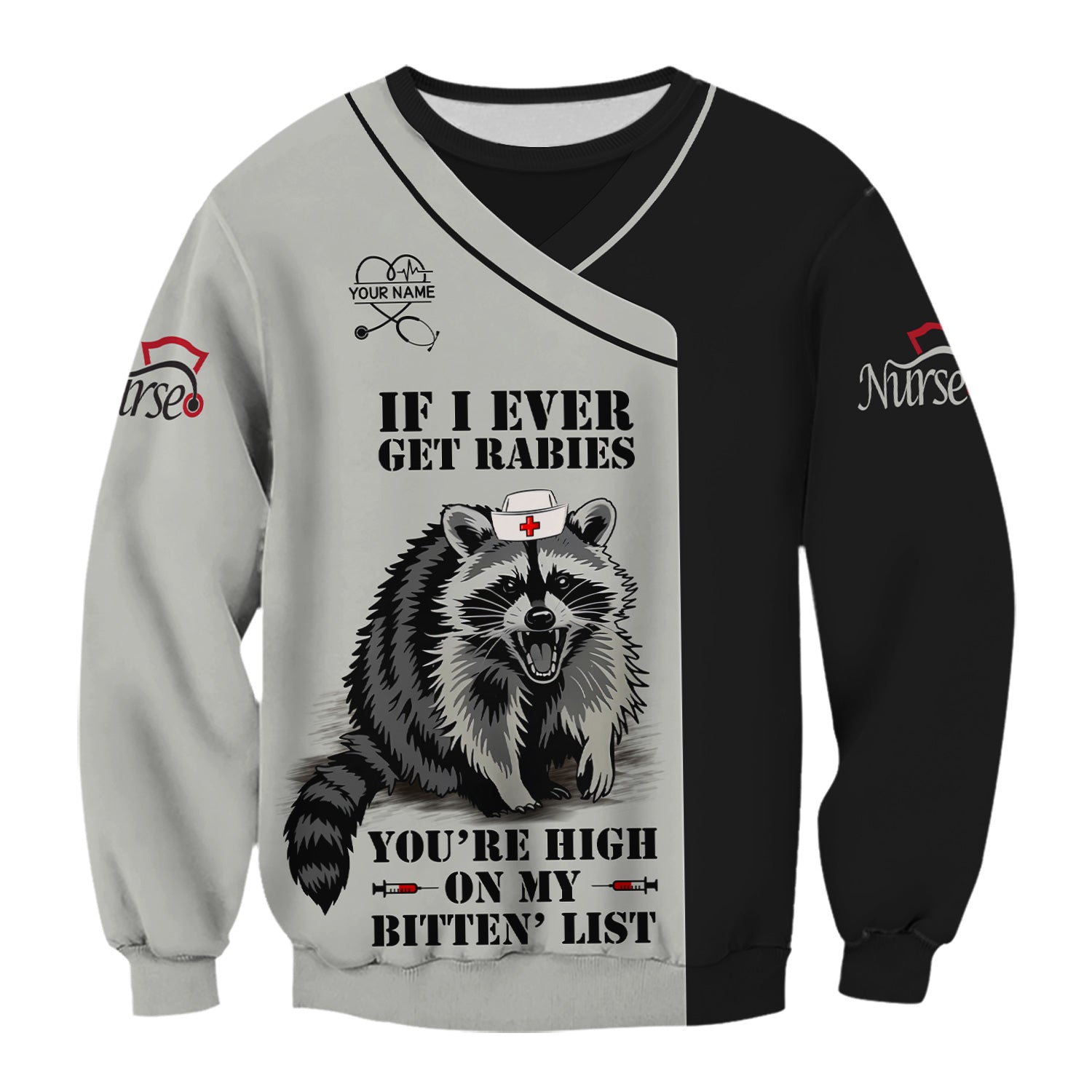 Personalized Funny Nurse Scrub Top with Raccoon - You're High On My Bitten List - Gift for RN LPN CNA Women