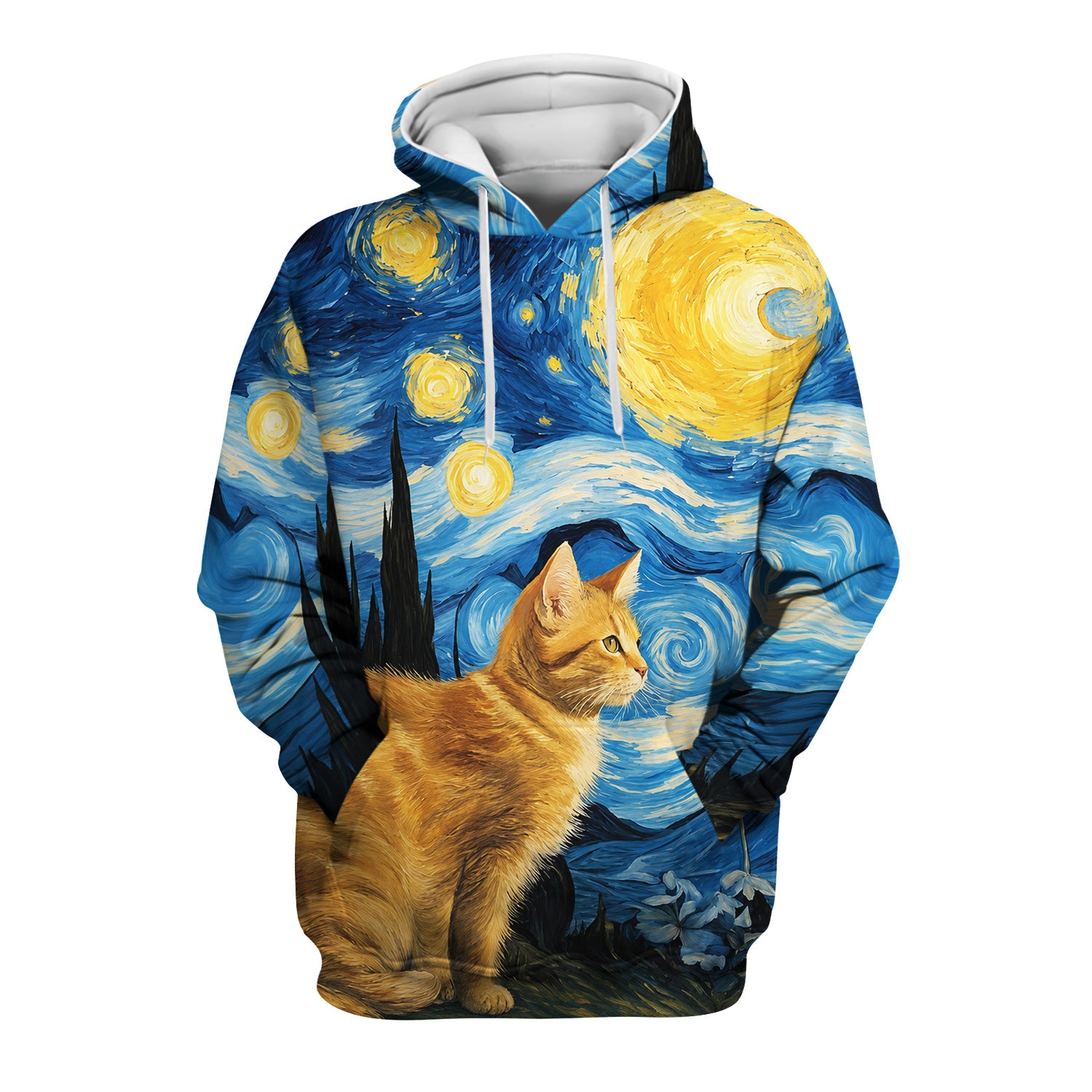 Swirling Moonlit Cat Scene Print Scrub Top, Comfortable Scrubs for Nurses