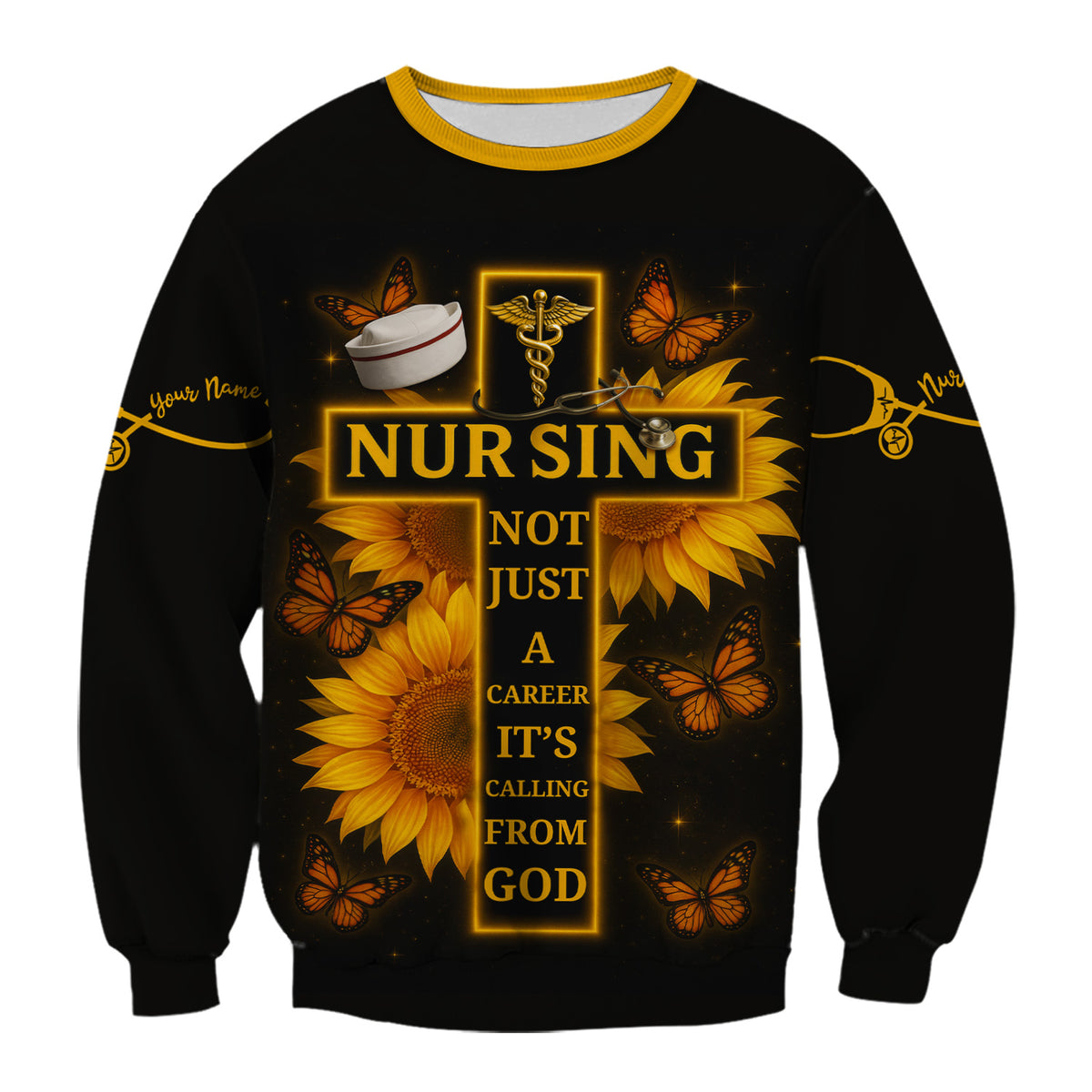 Personalized Nurse Faith Scrub Top - Religious RN CNA LPN Work Shirt - Custom Gift for Nurses Healthcare Workers with Sunflower Butterfly