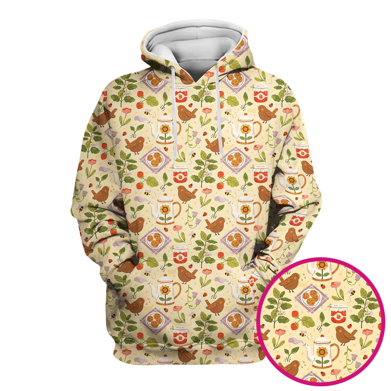 Cute Garden Tea Bird Strawberry Pattern Scrub Top, Comfortable Scrubs for Nurses