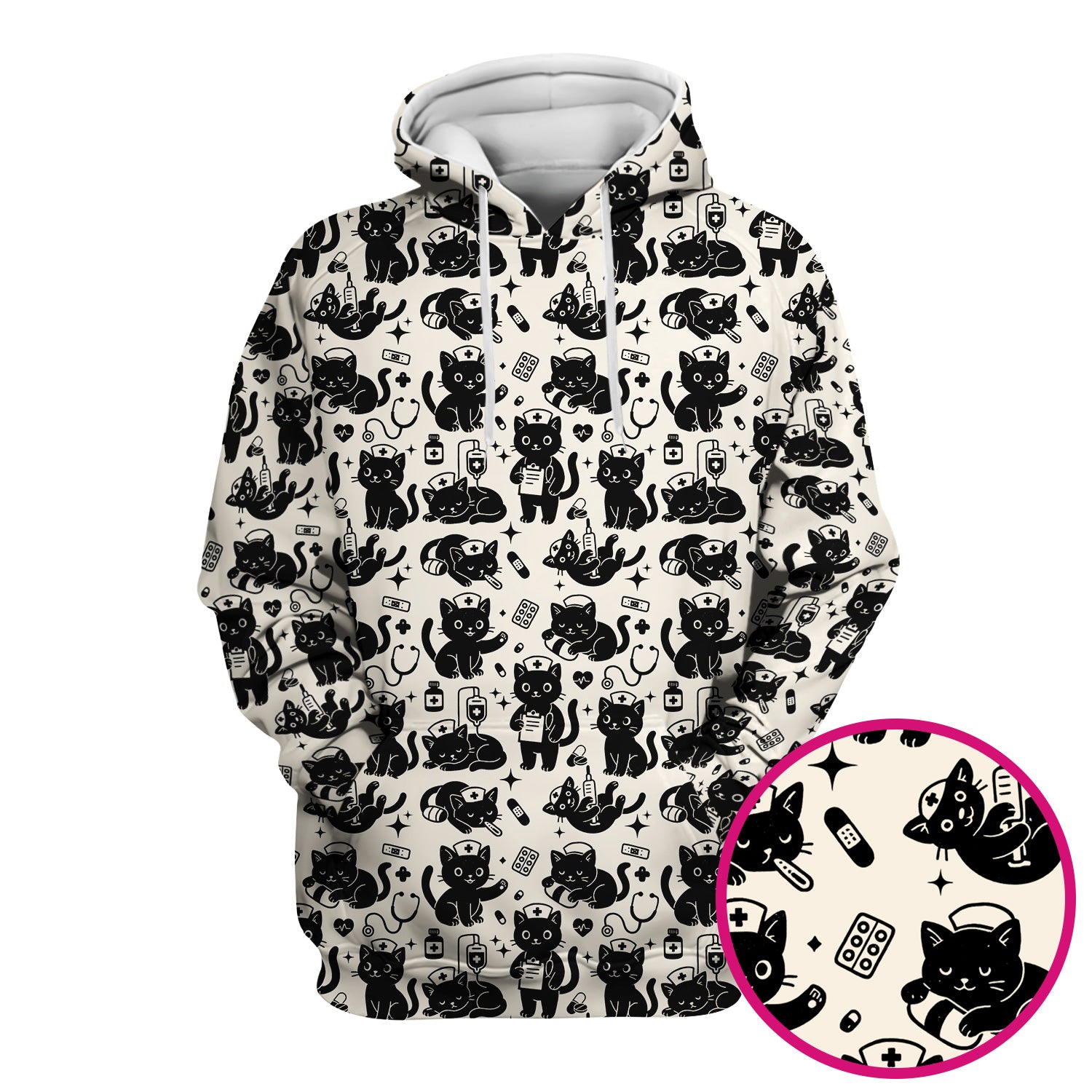 Cute Black Cat Nurse Pattern Scrub Top, Breathable Fabrics Nursing Uniform
