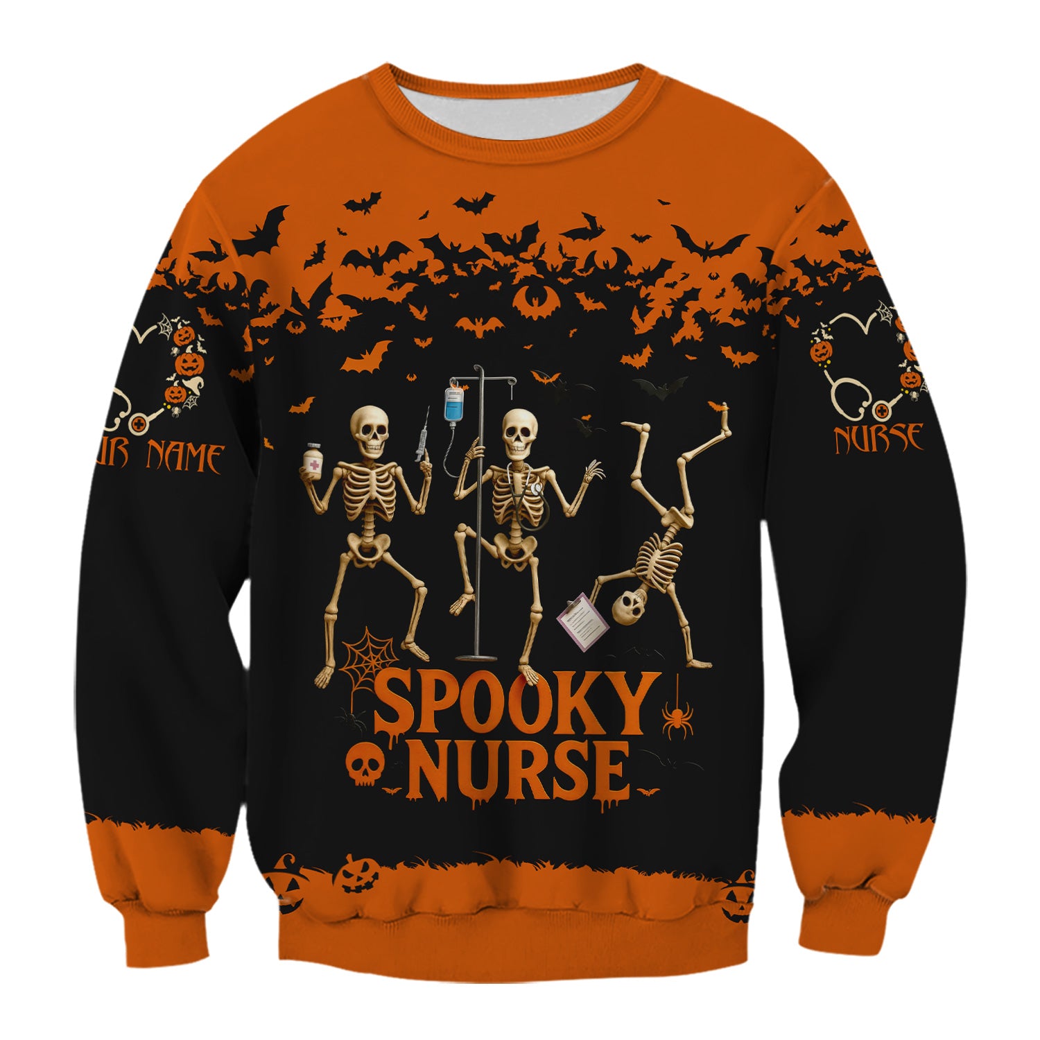 Spooky Nurse Halloween Shirt - Funny Skeleton Medical Scrub Top for RN CNA - Custom Name All Over Print Gift for Nurses