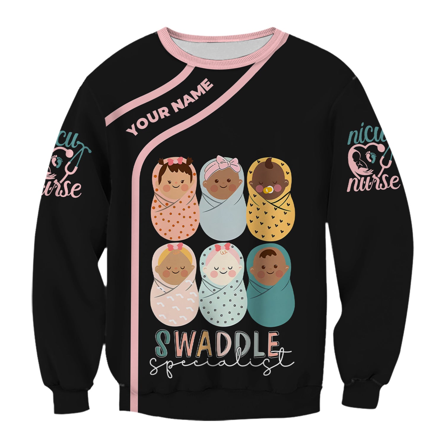 Swaddle Specialist Scrub Top - Cute NICU Nurse Shirt with Baby Design - Personalized Gift for Women RN CNA LPN Nursery Staff