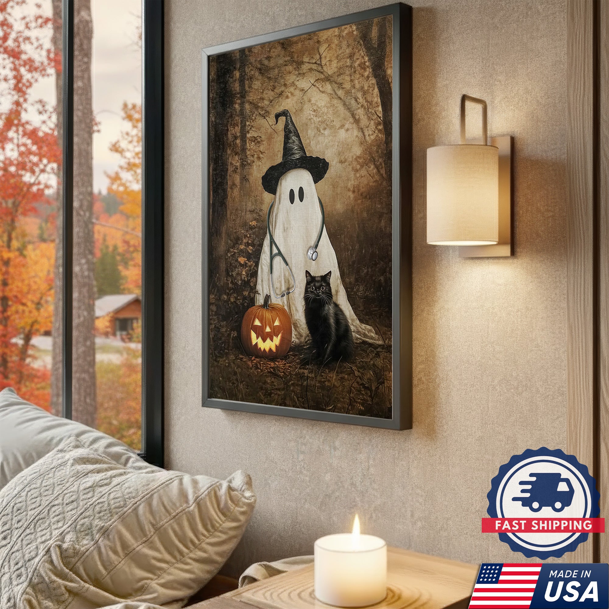 Halloween Nurse Ghost Canvas, Spooky Pumpkin Black Cat Wall Art, RN LPN CNA Gift