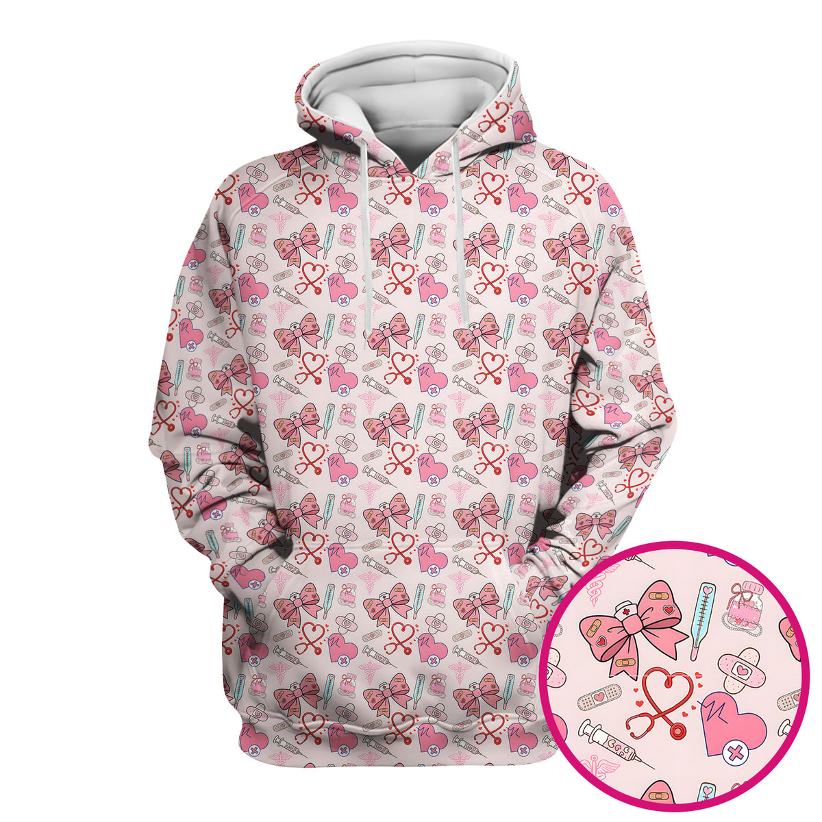 Pink Nurse Bow Heart Print Scrub Top, Comfortable Scrubs for Nurses