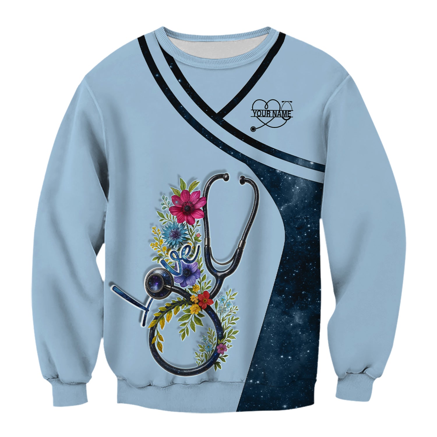 Personalized Nurse Love T-Shirt - Floral Stethoscope Galaxy Design - Custom Gift for RN LPN CNA Healthcare Workers