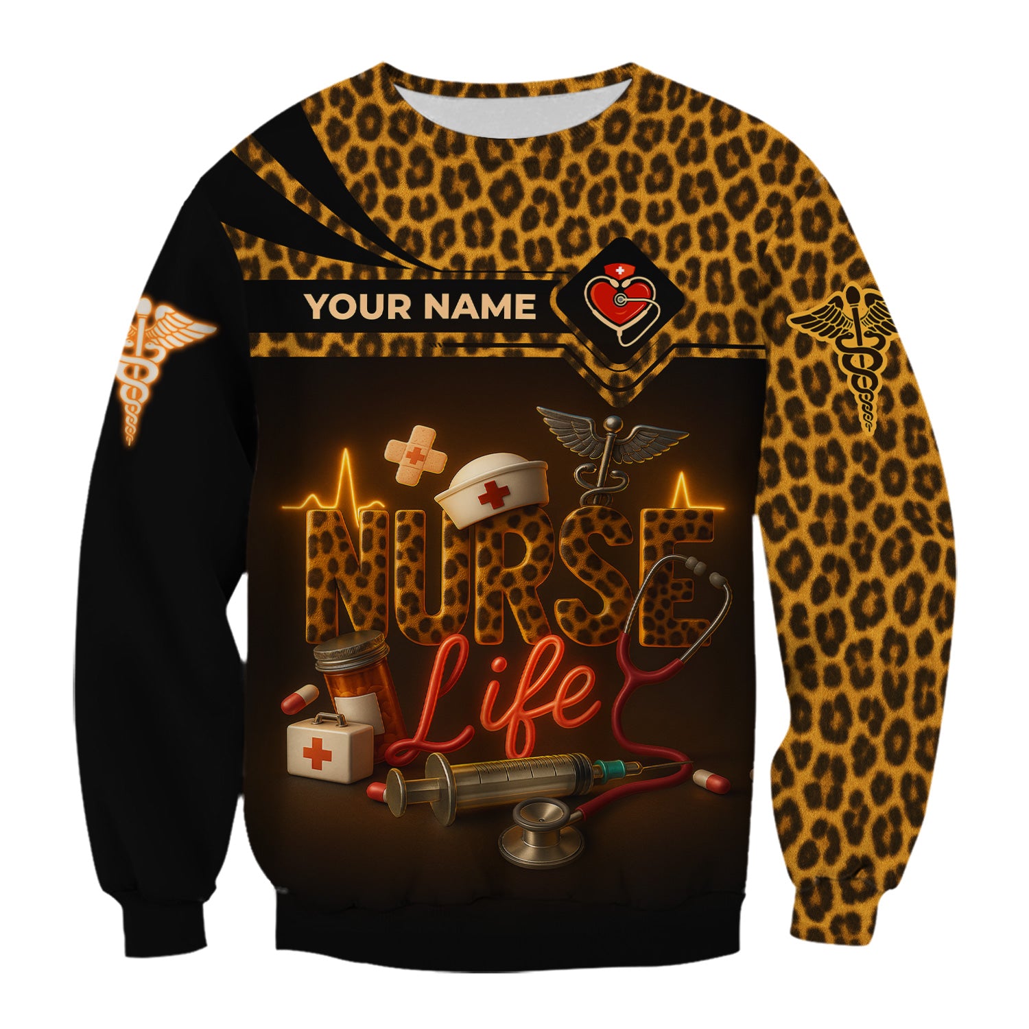 Personalized Nurse Life Shirt - Wild Cheetah Print with Medical Icons - Custom Name Gift for RN, CNA, LPN