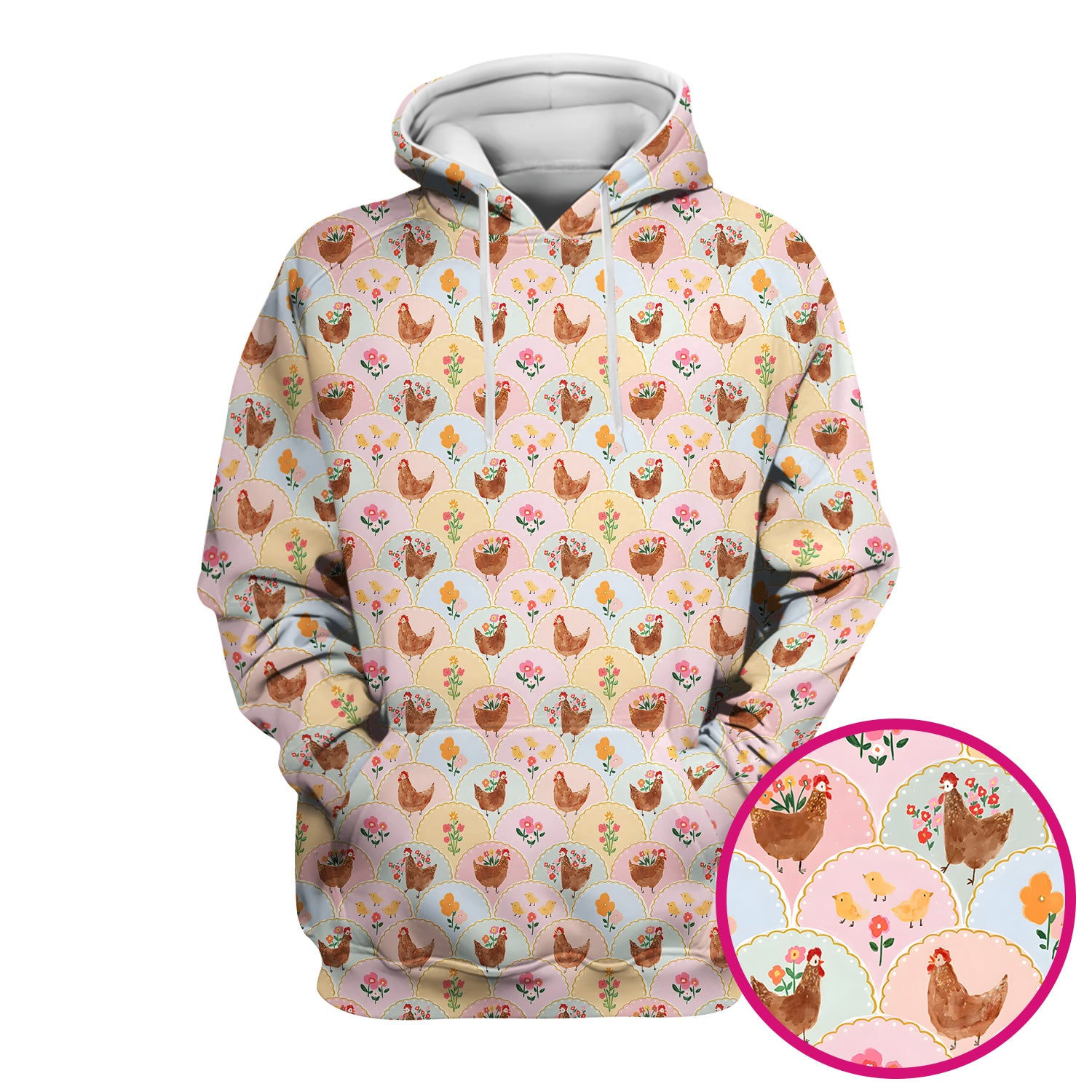Pastel Chicken With Floral Scrub Top, Cute Chicken Nursing Uniform For Women