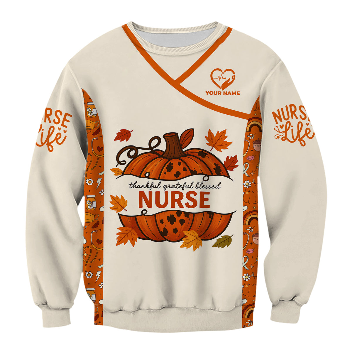 Thankful Grateful Blessed Nurse Scrub Top - Fall Pumpkin Thanksgiving Shirt - Personalized Autumn Gift for Women RN CNA LPN