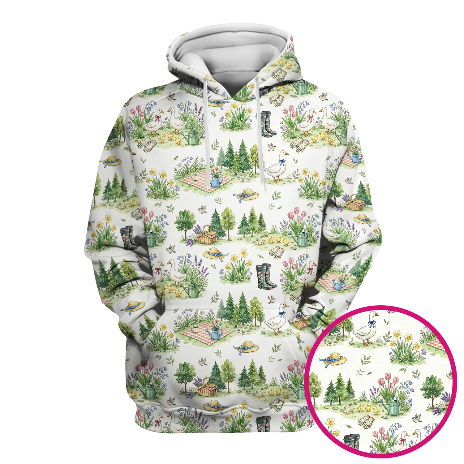 Cute Duck Garden Pattern Scrub Top, Spring Floral Countryside Nursing Uniform