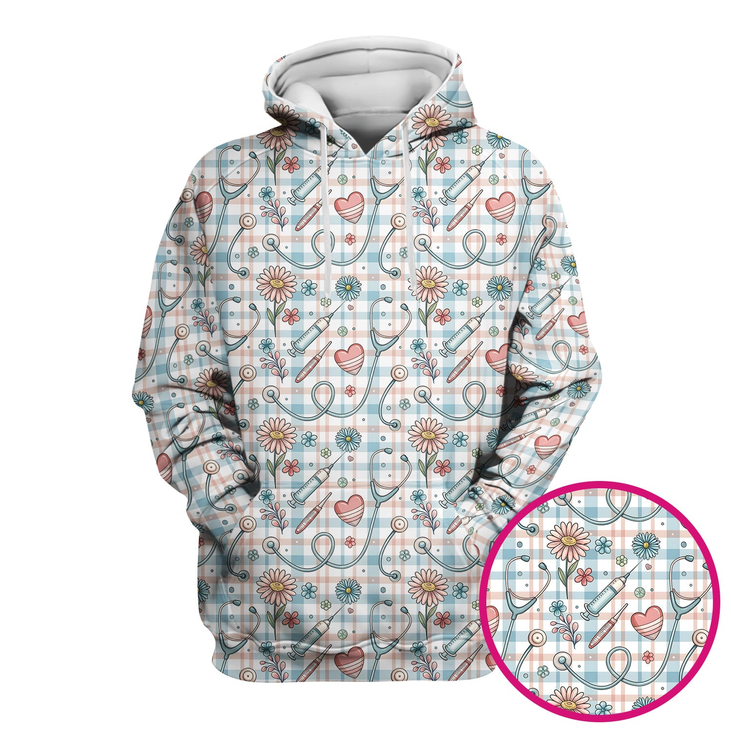 Stethoscope Heart Syringe Floral Plaid Pattern Scrub Top, Comfortable Scrubs for Nurses