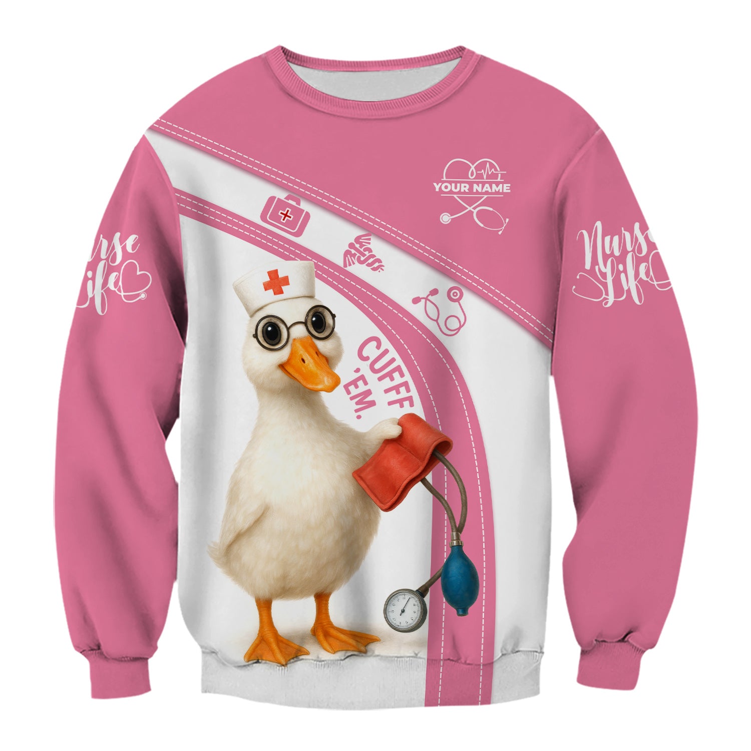 Personalized Nursing Humor Scrub for Women - Funny Duck with Stethoscope and Cuff Design - Custom Name Medical Gift for RN LPN CNA