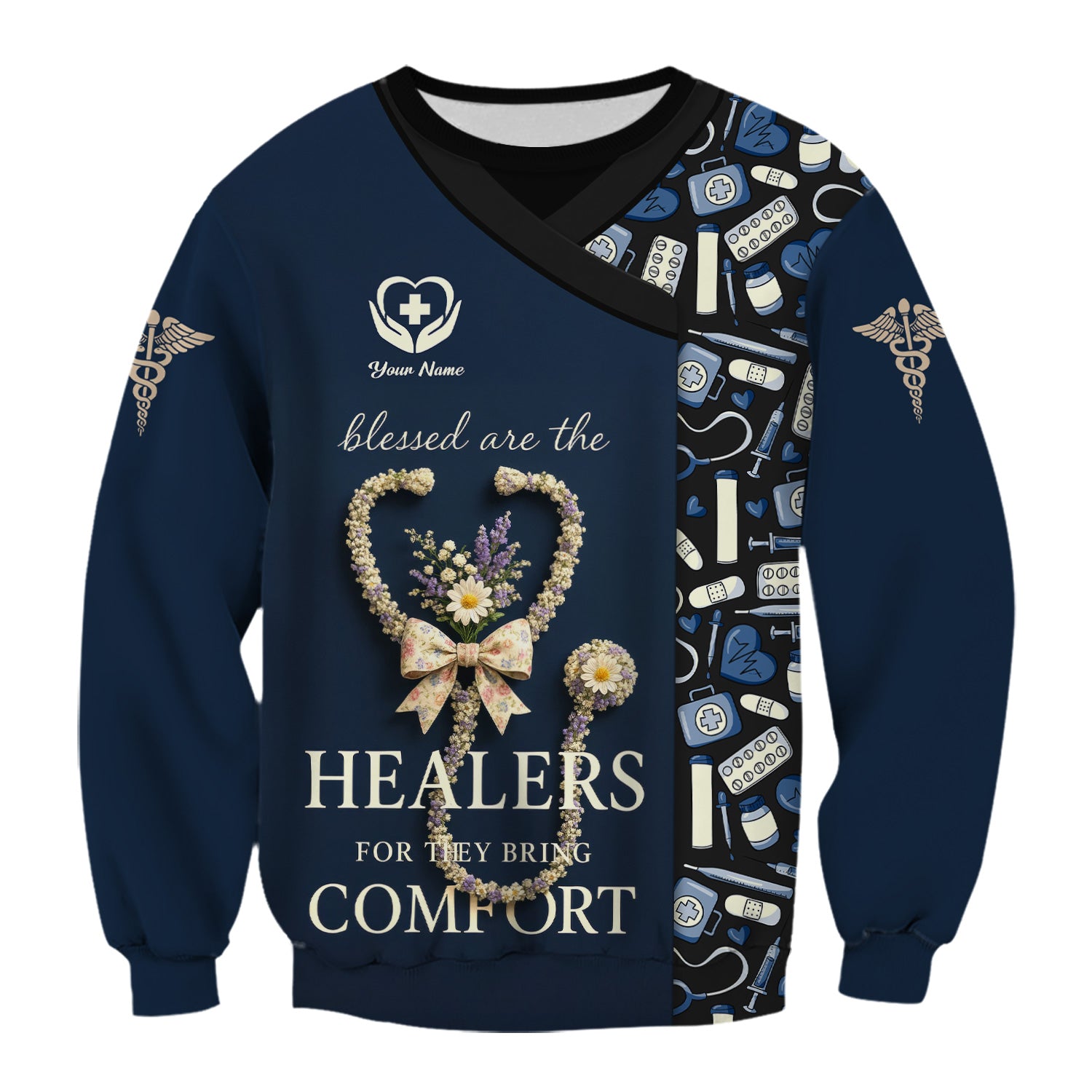 Personalized Blessed Healer Scrubs for Women RN CNA LPN - Floral Heart Stethoscope Design with Inspirational Quote - Custom Name Gift for Healthcare Workers & Nurses