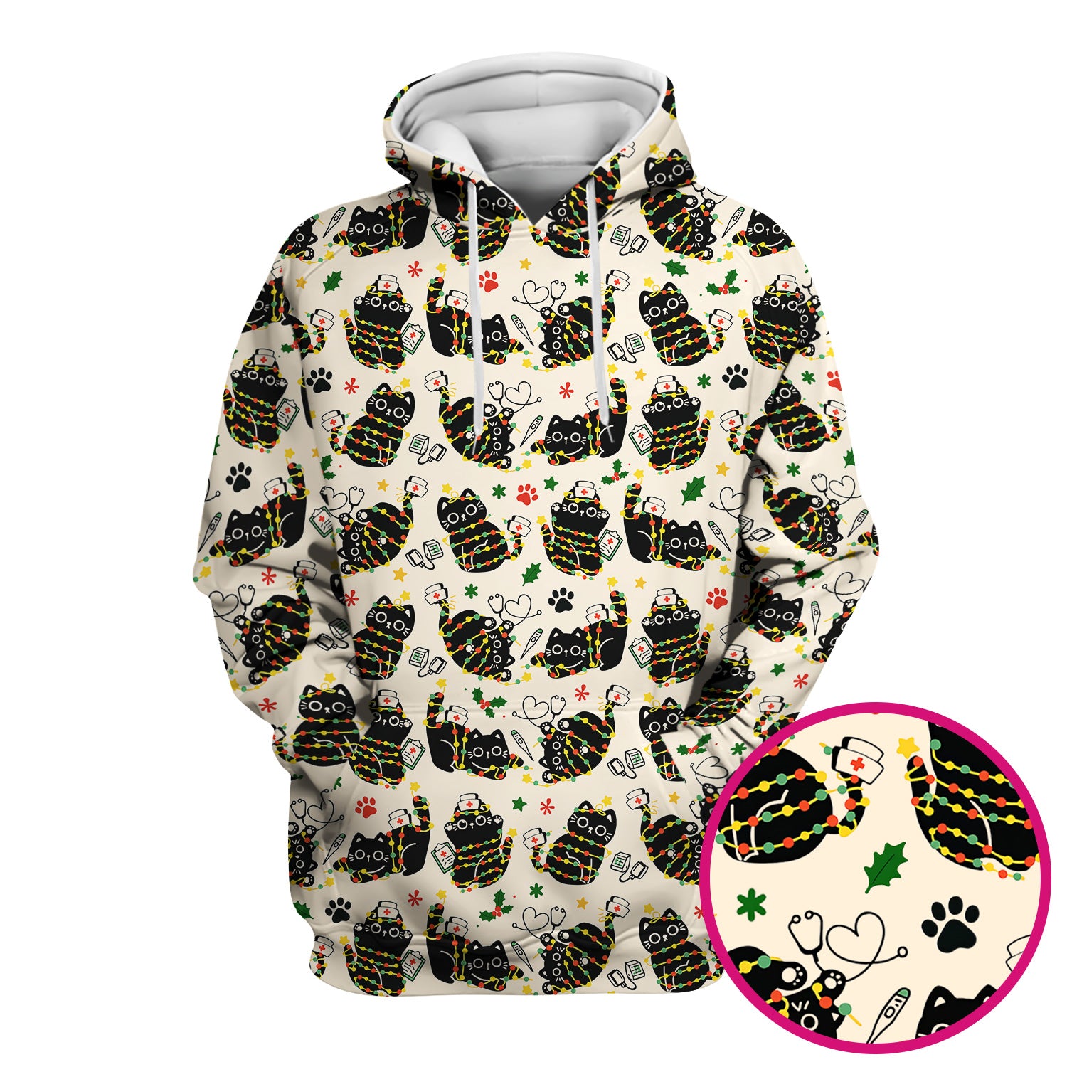 Black Cat Christmas Scrub Top – Nurse & Holiday Lights Pattern Shirt – Cute Medical Uniform For Nursing